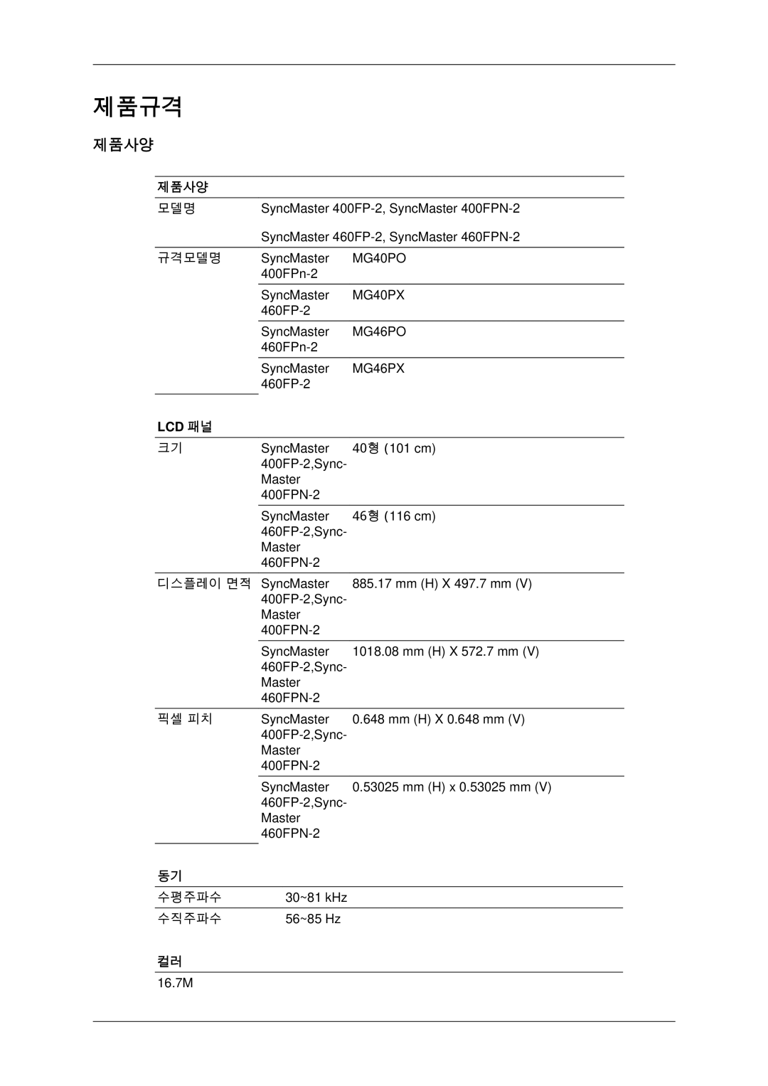 Samsung BN59-00806D-01 manual 제품규격, 제품사양, Lcd 패널 