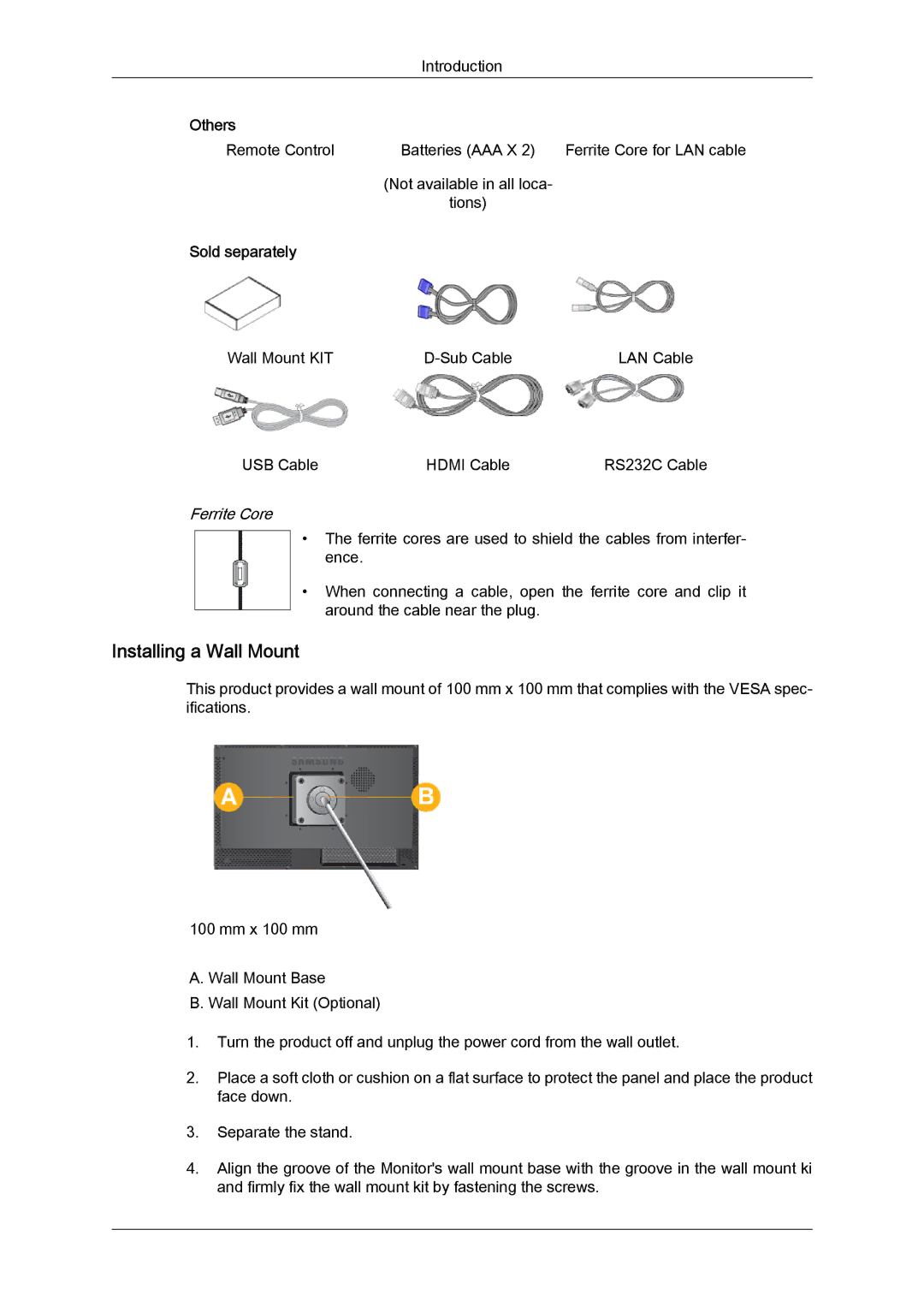 Samsung BN59-00977A-00 user manual Installing a Wall Mount, Sold separately 