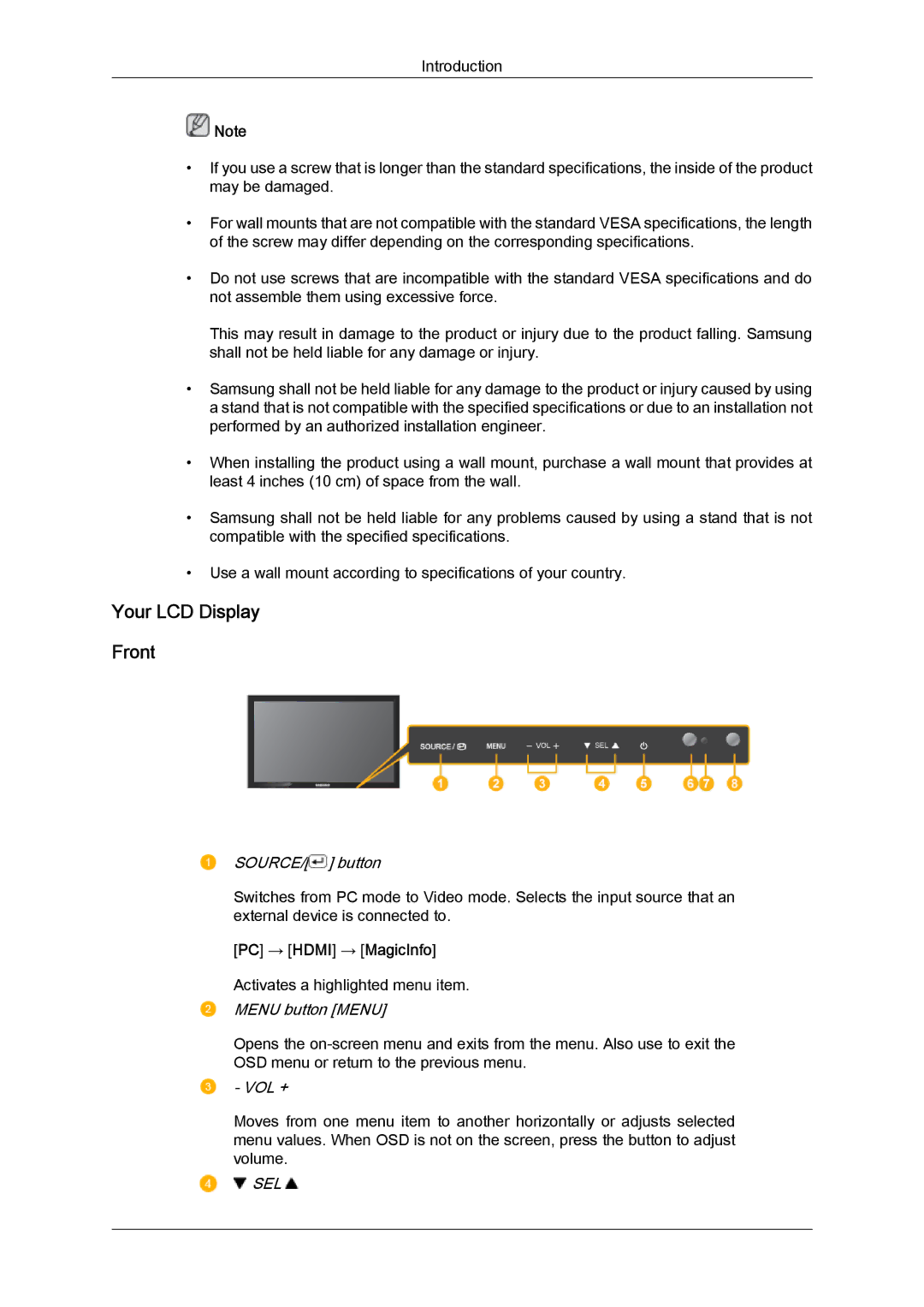 Samsung BN59-00977A-00 user manual Your LCD Display Front, PC → Hdmi → MagicInfo 