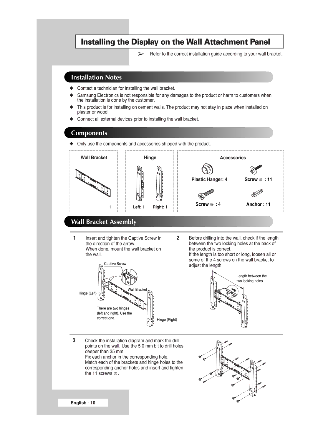 Samsung BN68-00951A-00 manual Installing the Display on the Wall Attachment Panel, Installation Notes 