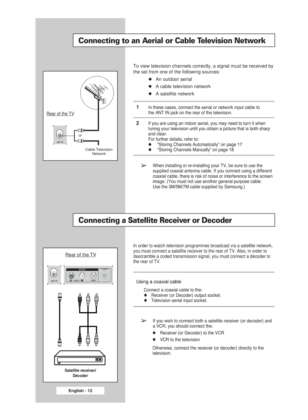 Samsung BN68-00951A-00 Connecting to an Aerial or Cable Television Network, Connecting a Satellite Receiver or Decoder 