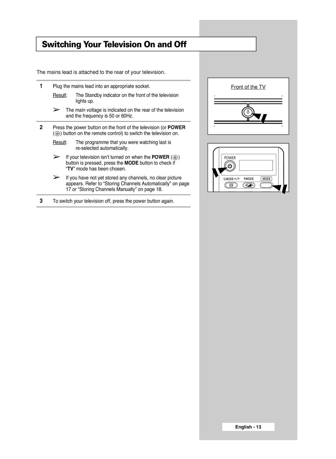 Samsung BN68-00951A-00 manual Switching Your Television On and Off, Mains lead is attached to the rear of your television 