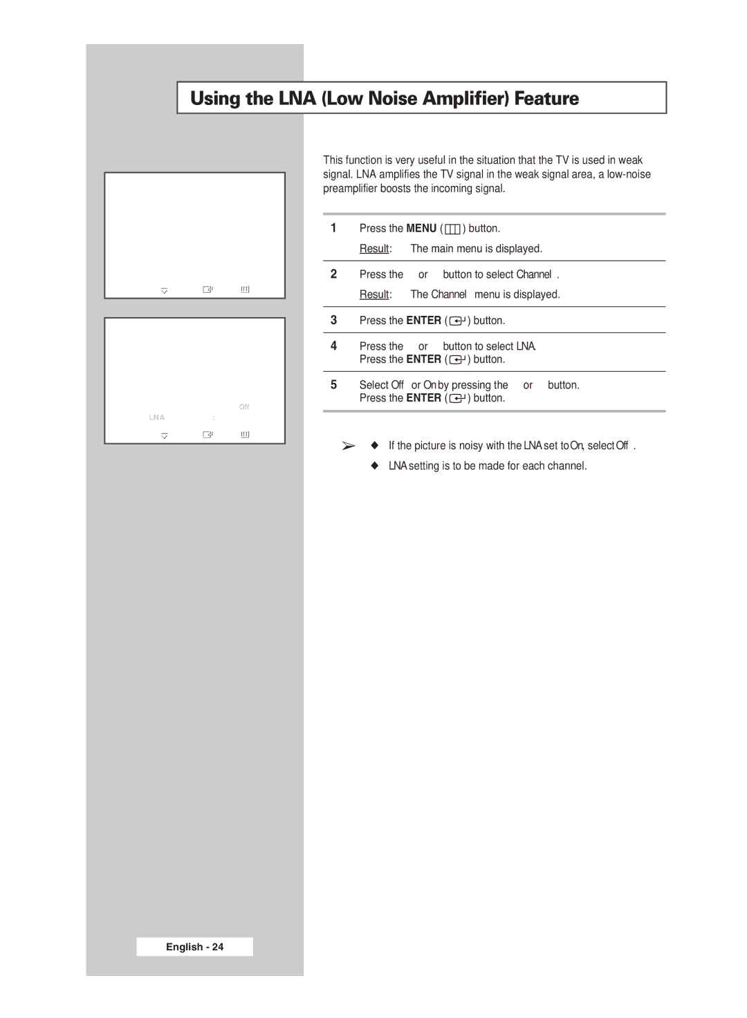 Samsung BN68-00951A-00 manual Using the LNA Low Noise Amplifier Feature 