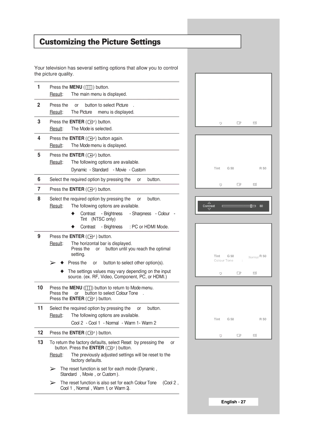 Samsung BN68-00951A-00 manual Customizing the Picture Settings, Standard, Movie, or Custom, Cool 1, Normal, Warm 1, or Warm 