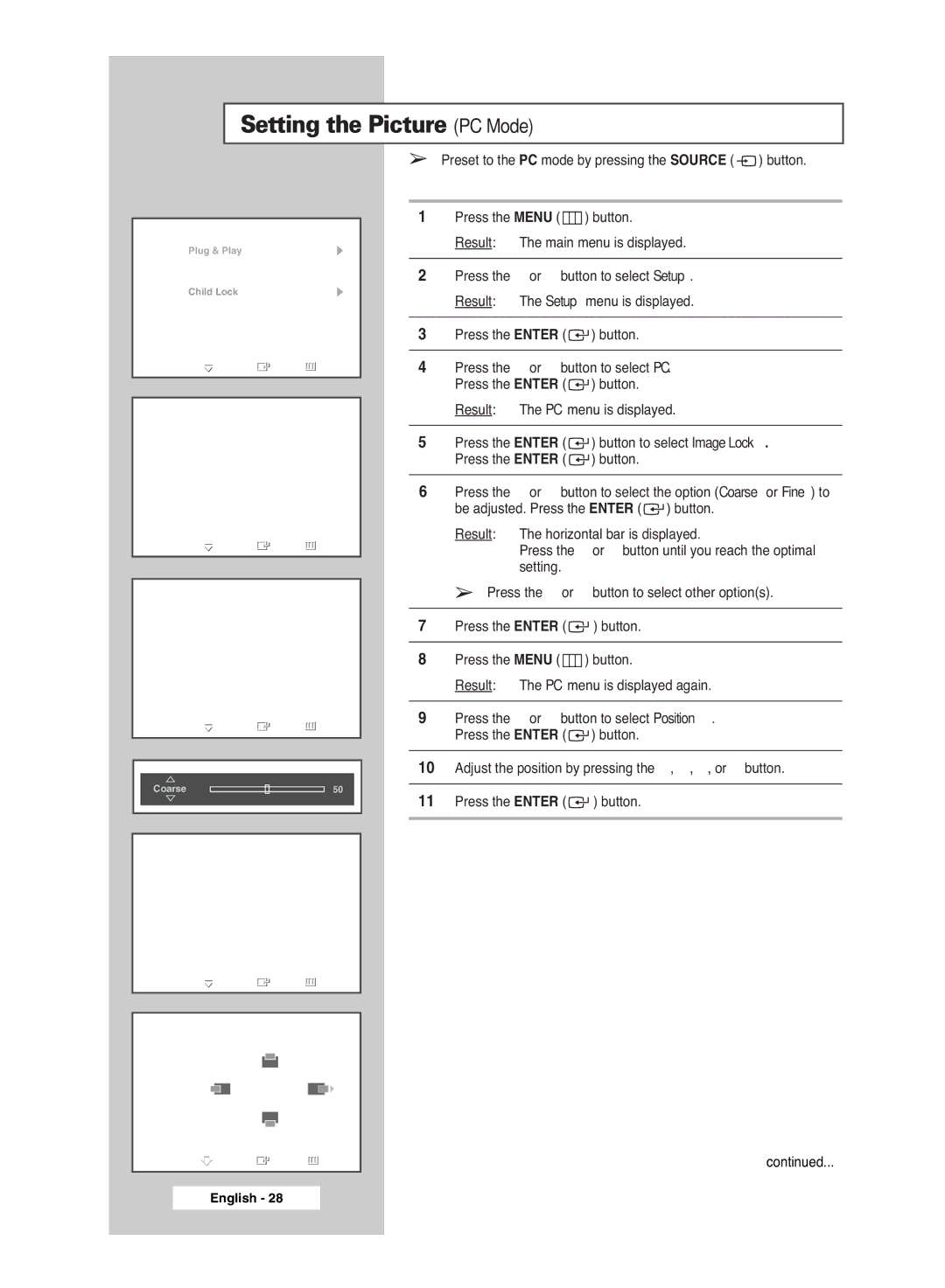 Samsung BN68-00951A-00 manual Setting the Picture PC Mode, Preset to the PC mode by pressing the Source button 