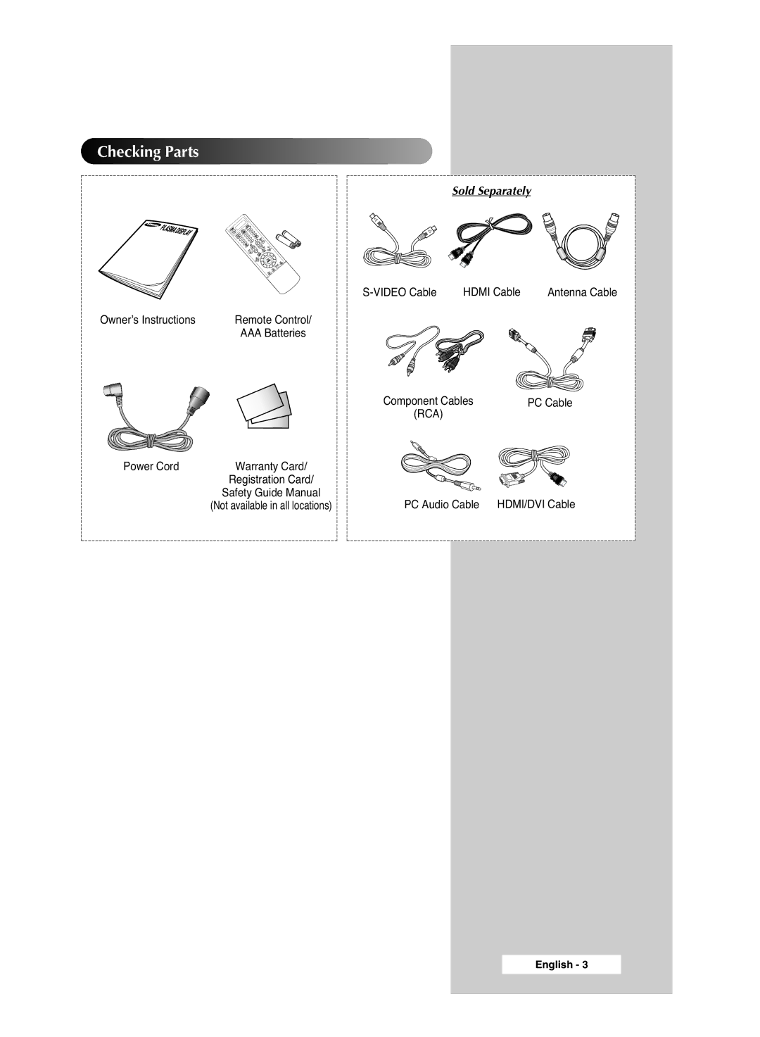 Samsung BN68-00951A-00 manual Owner’s Instructions, Power Cord, Video Cable, PC Cable, PC Audio Cable HDMI/DVI Cable 