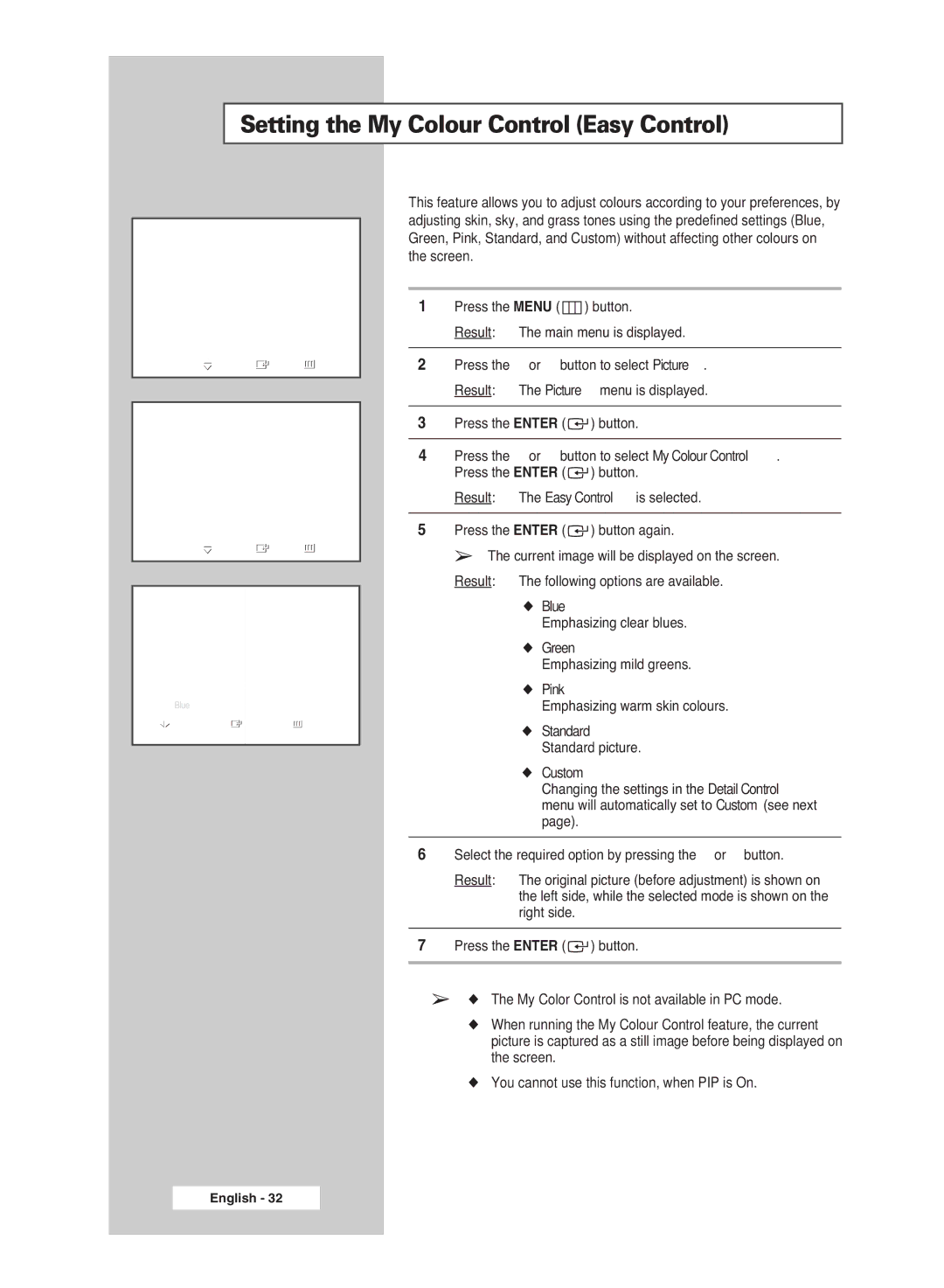 Samsung BN68-00951A-00 manual Setting the My Colour Control Easy Control 