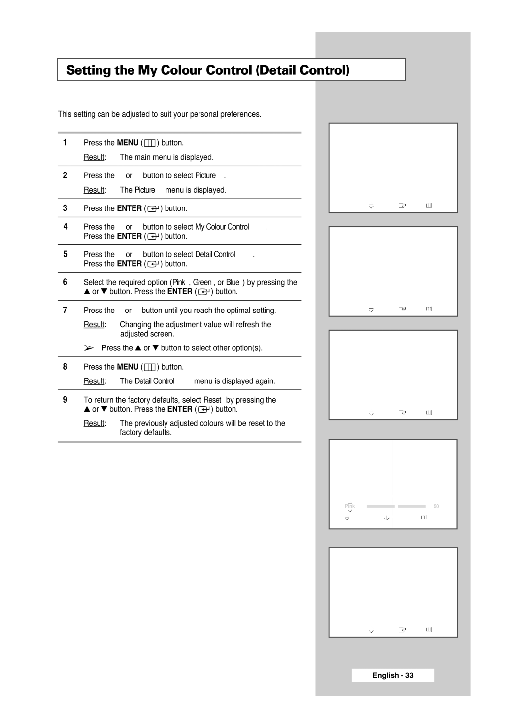 Samsung BN68-00951A-00 manual Setting the My Colour Control Detail Control 