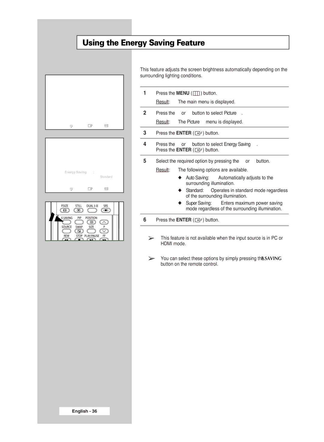 Samsung BN68-00951A-00 manual Using the Energy Saving Feature 