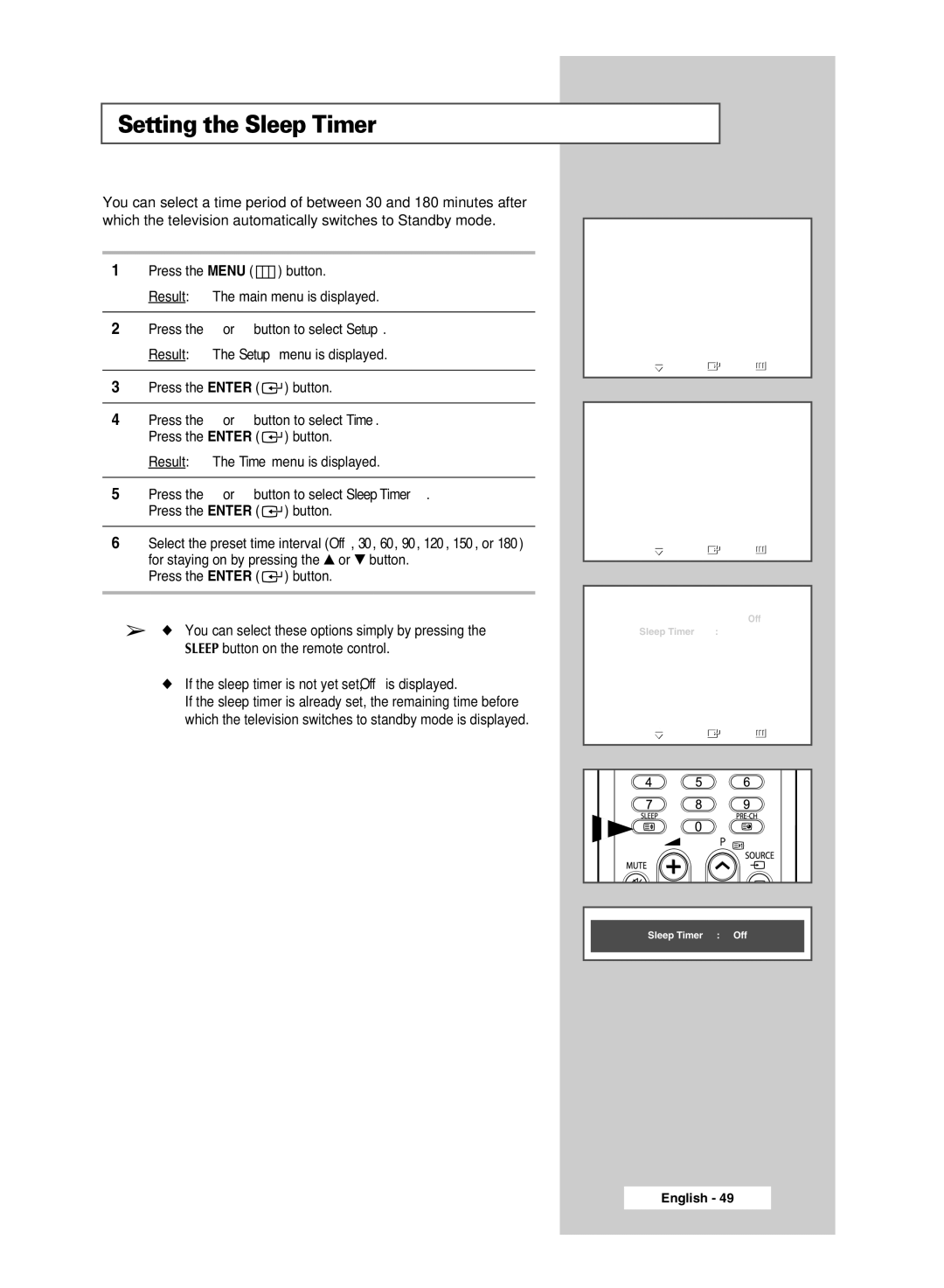 Samsung BN68-00951A-00 manual Setting the Sleep Timer, If the sleep timer is not yet set, Off is displayed 