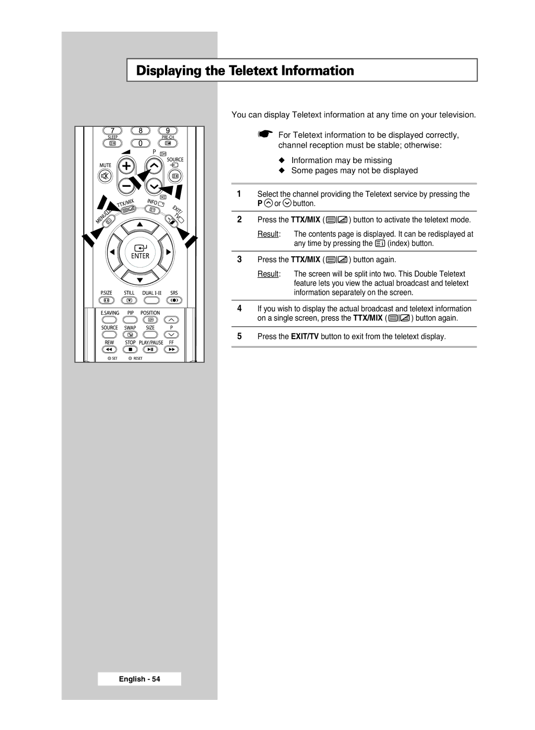 Samsung BN68-00951A-00 manual Displaying the Teletext Information, Press the TTX/MIX button again 