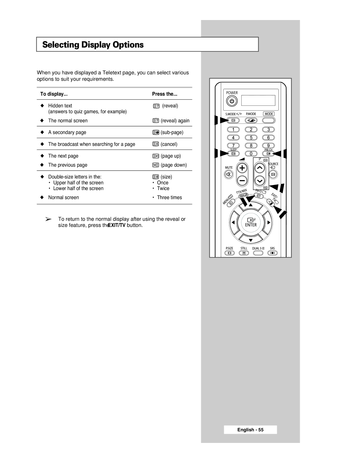 Samsung BN68-00951A-00 manual Selecting Display Options, To display Press 