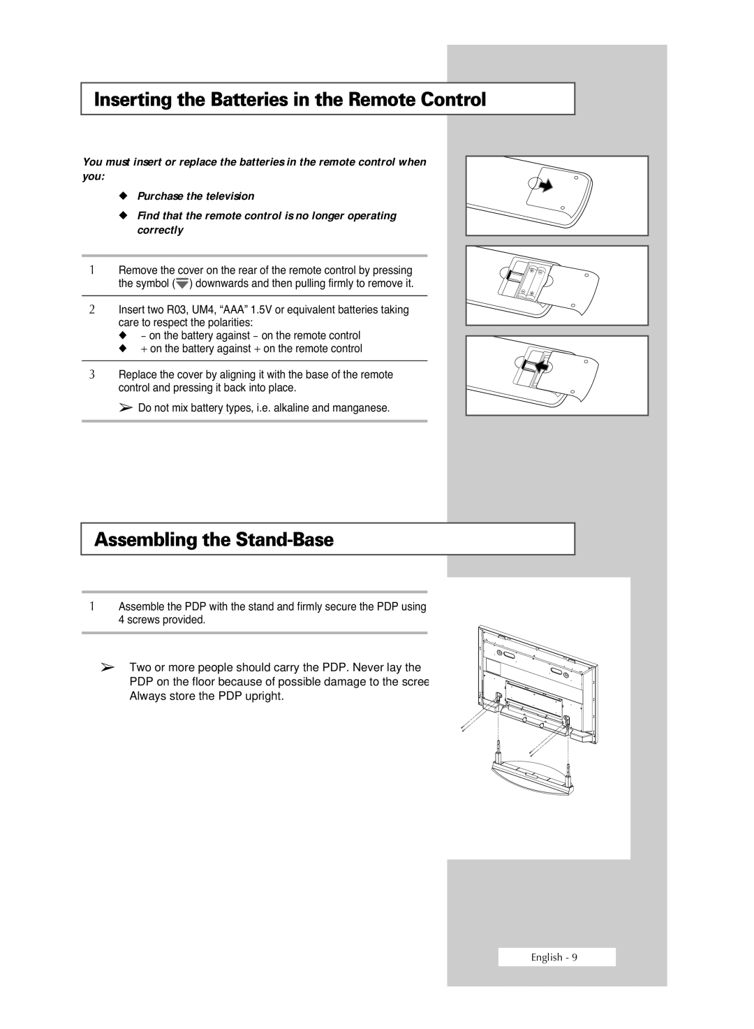 Samsung BN68-00951A-00 manual Inserting the Batteries in the Remote Control, Assembling the Stand-Base 