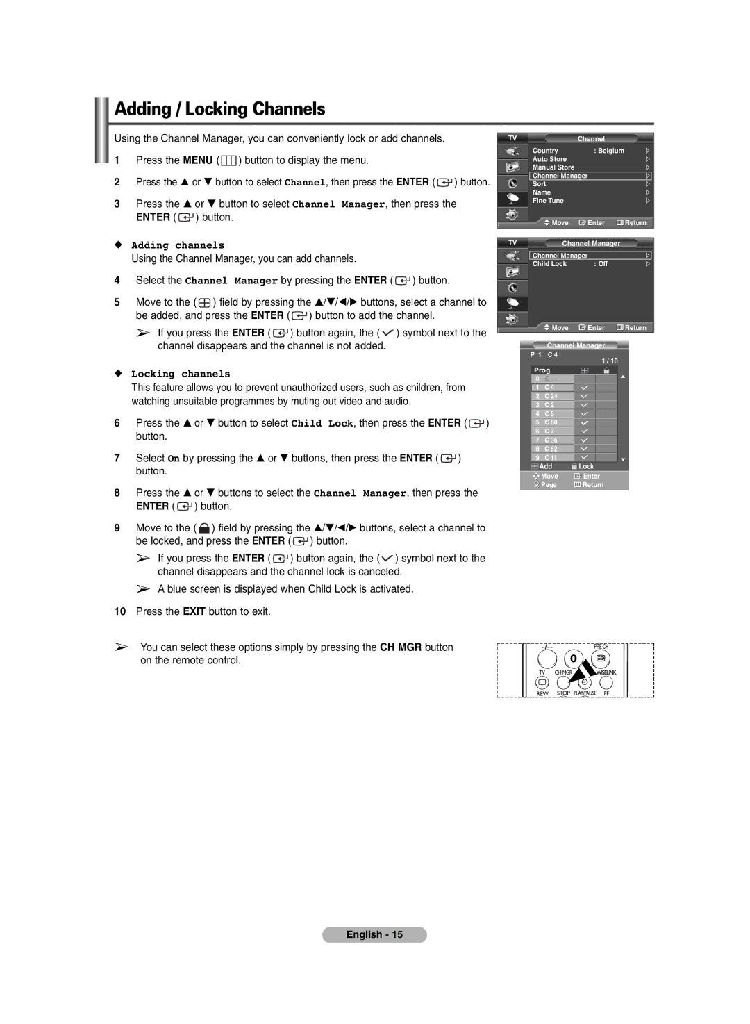 Samsung BN68-00990V-03 manual Adding / Locking Channels, Adding channels, Locking channels 
