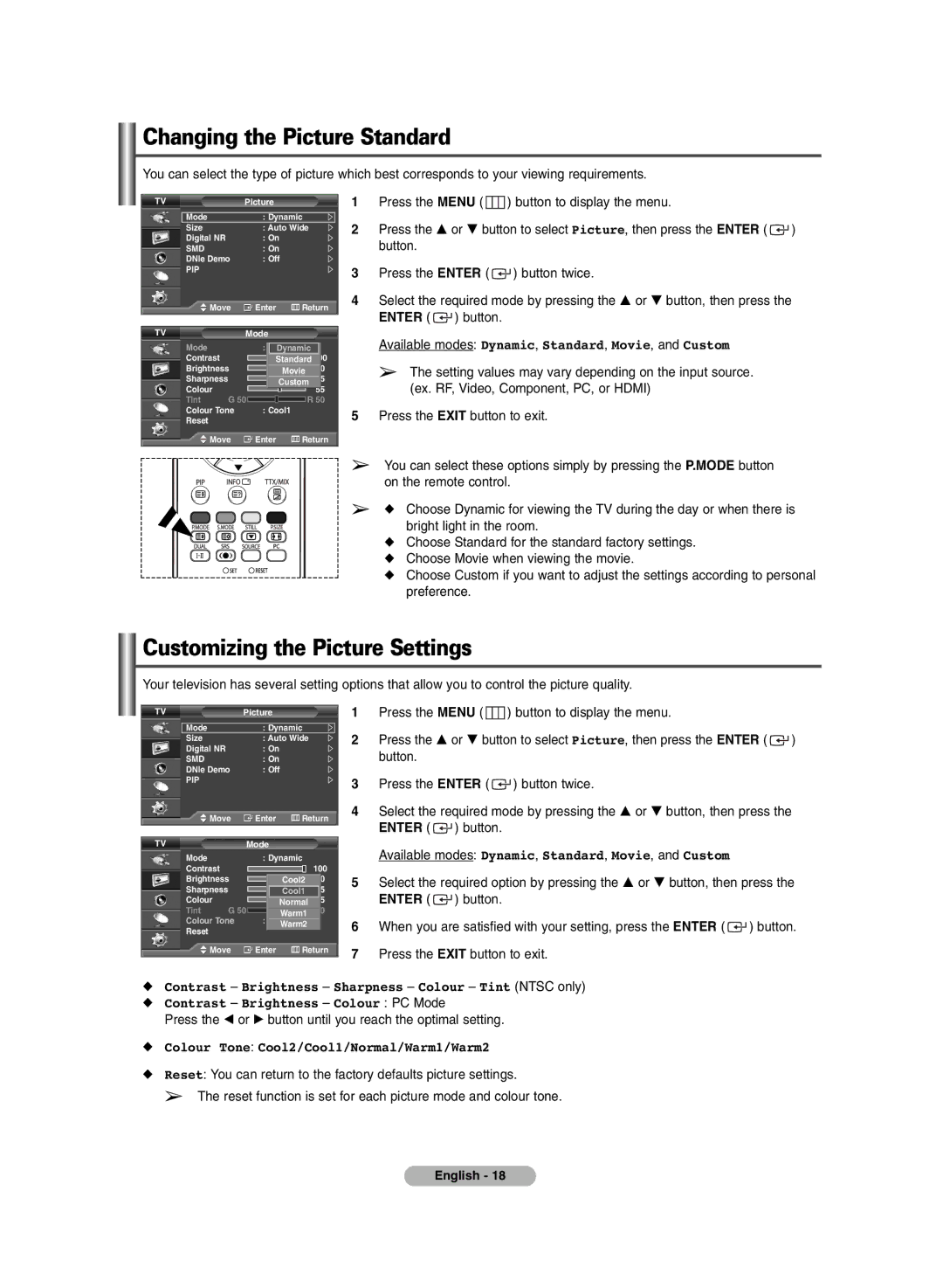 Samsung BN68-00990V-03 manual Changing the Picture Standard, Customizing the Picture Settings 