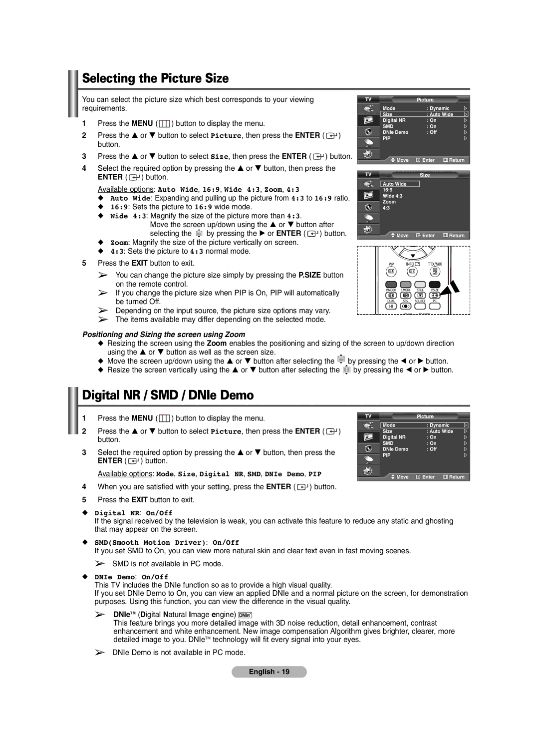 Samsung BN68-00990V-03 manual Selecting the Picture Size, Digital NR / SMD / DNIe Demo 