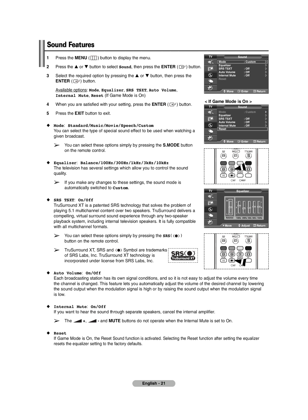 Samsung BN68-00990V-03 manual Sound Features, If Game Mode is On 