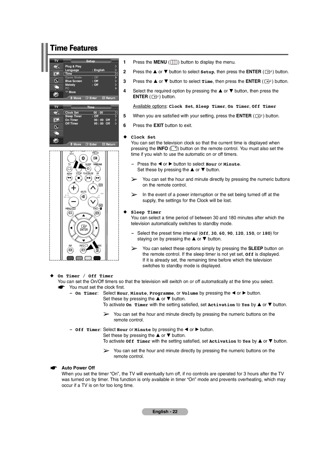 Samsung BN68-00990V-03 manual Time Features, Clock Set, Sleep Timer, On Timer / Off Timer, Auto Power Off 