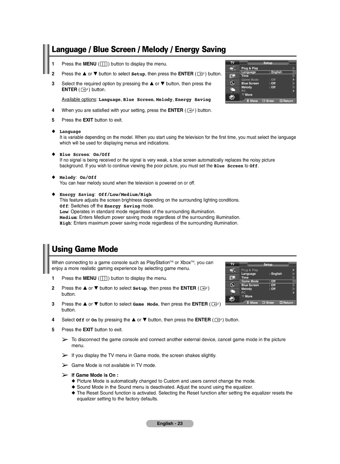 Samsung BN68-00990V-03 manual Language / Blue Screen / Melody / Energy Saving, Using Game Mode 