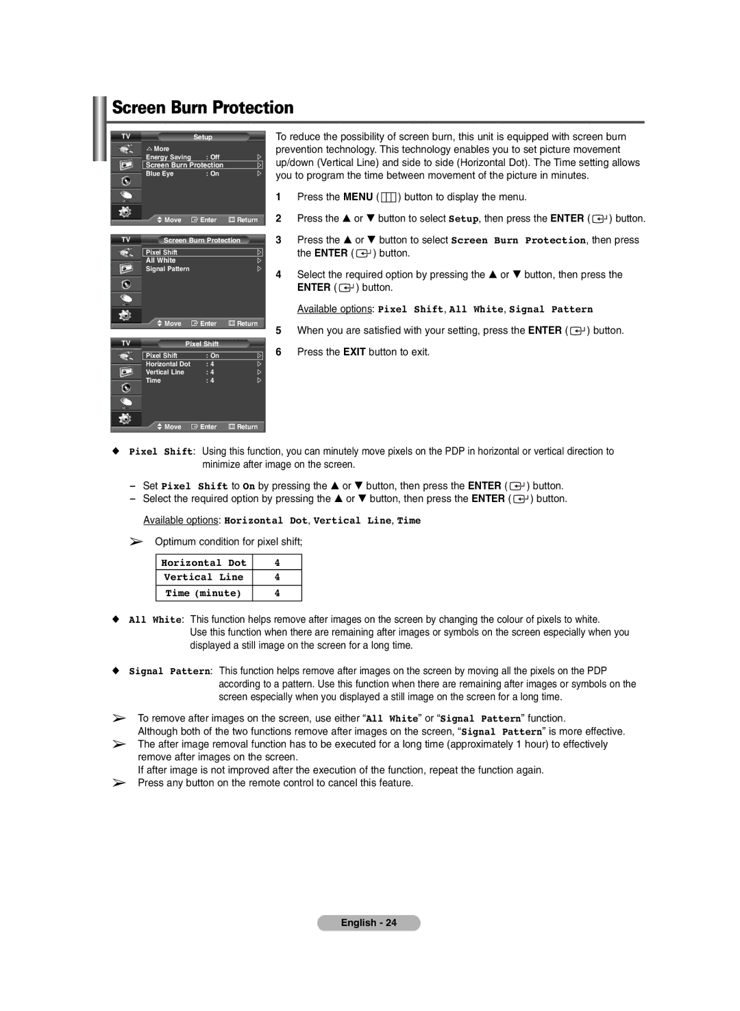 Samsung BN68-00990V-03 manual Screen Burn Protection, Available options Pixel Shift, All White, Signal Pattern 