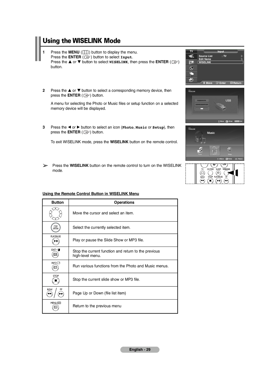 Samsung BN68-00990V-03 manual Using the Wiselink Mode, Using the Remote Control Button in Wiselink Menu 