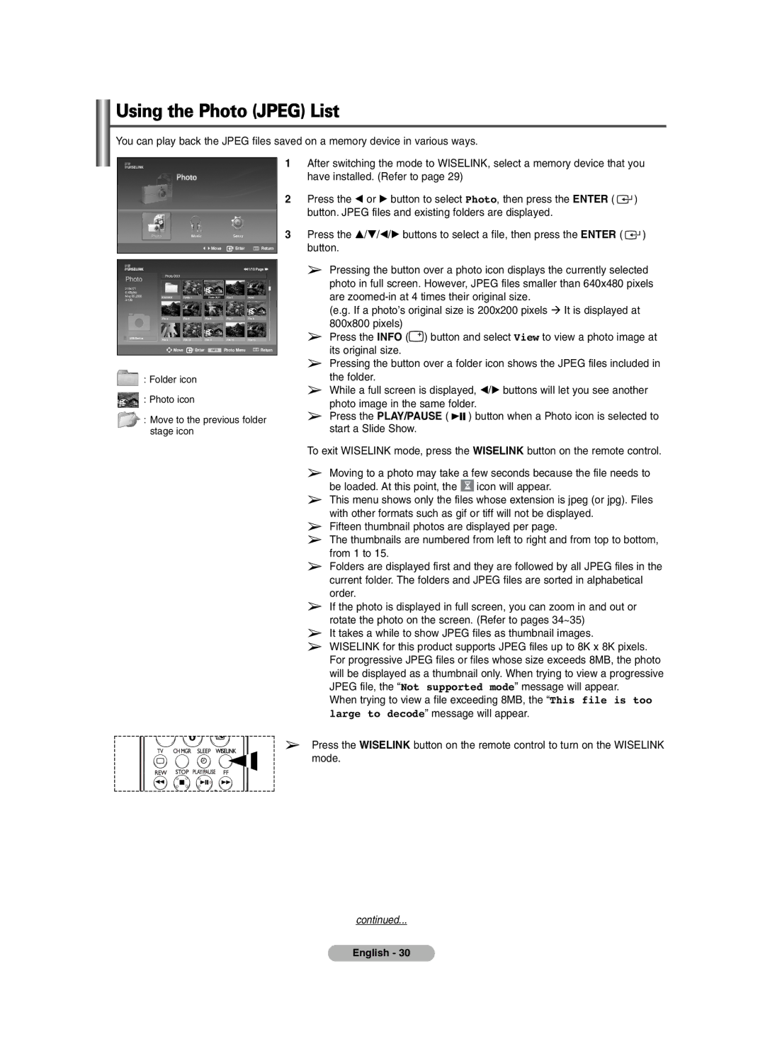 Samsung BN68-00990V-03 manual Using the Photo Jpeg List, 800x800 pixels 
