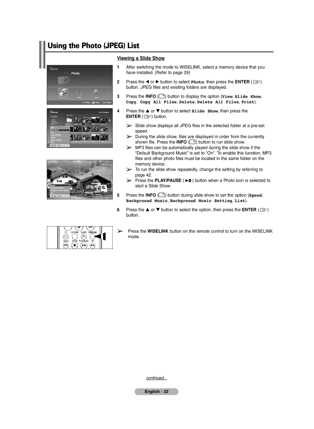 Samsung BN68-00990V-03 manual Viewing a Slide Show, Copy, Copy All Files, Delete, Delete All Files, Print 