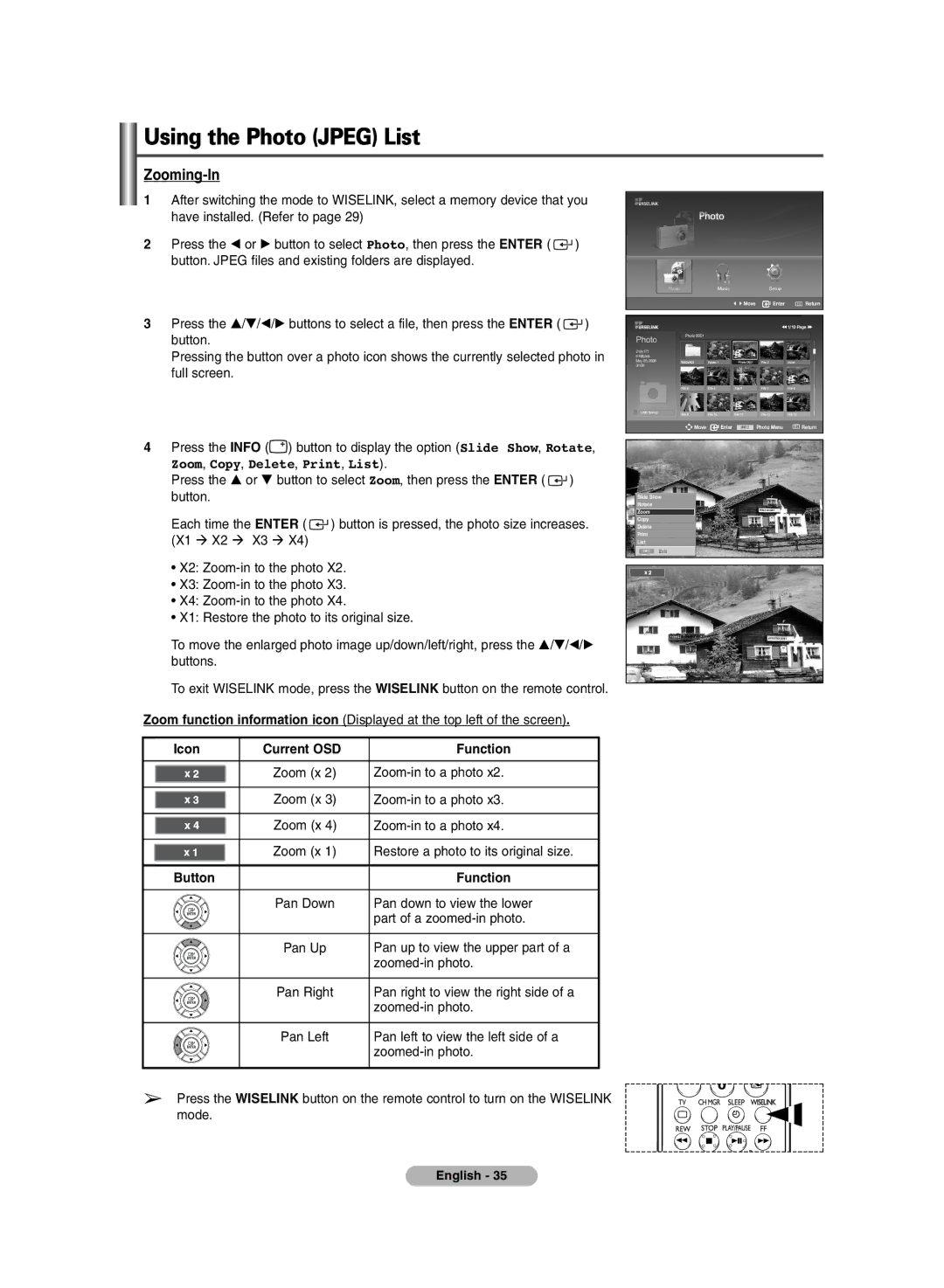 Samsung BN68-00990V-03 manual Zooming-In, Icon Current OSD Function, Button Function 