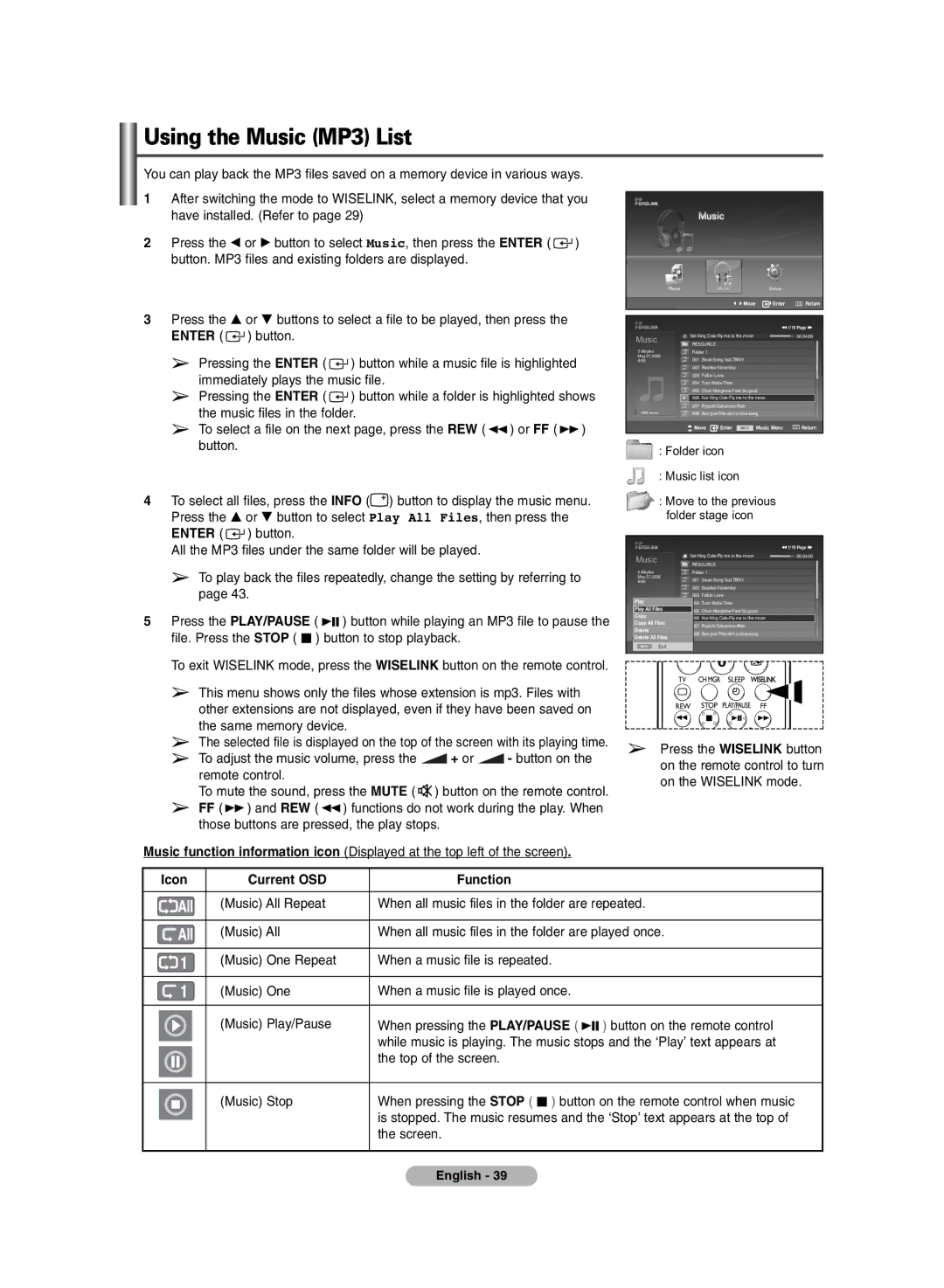 Samsung BN68-00990V-03 manual Using the Music MP3 List, Folder icon Music list icon 