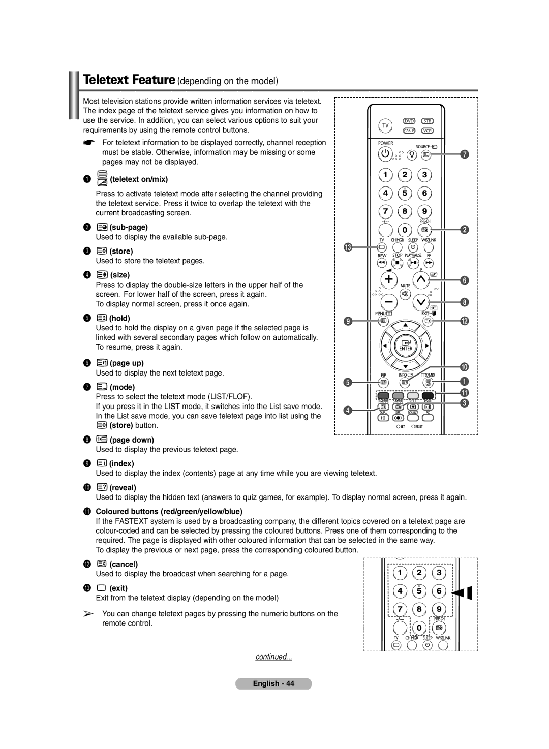 Samsung BN68-00990V-03 Teletext on/mix, ´ sub-page, ¨ size, Hold, ∏ mode, Store button Down, ’ index, ˝ reveal, Exit 