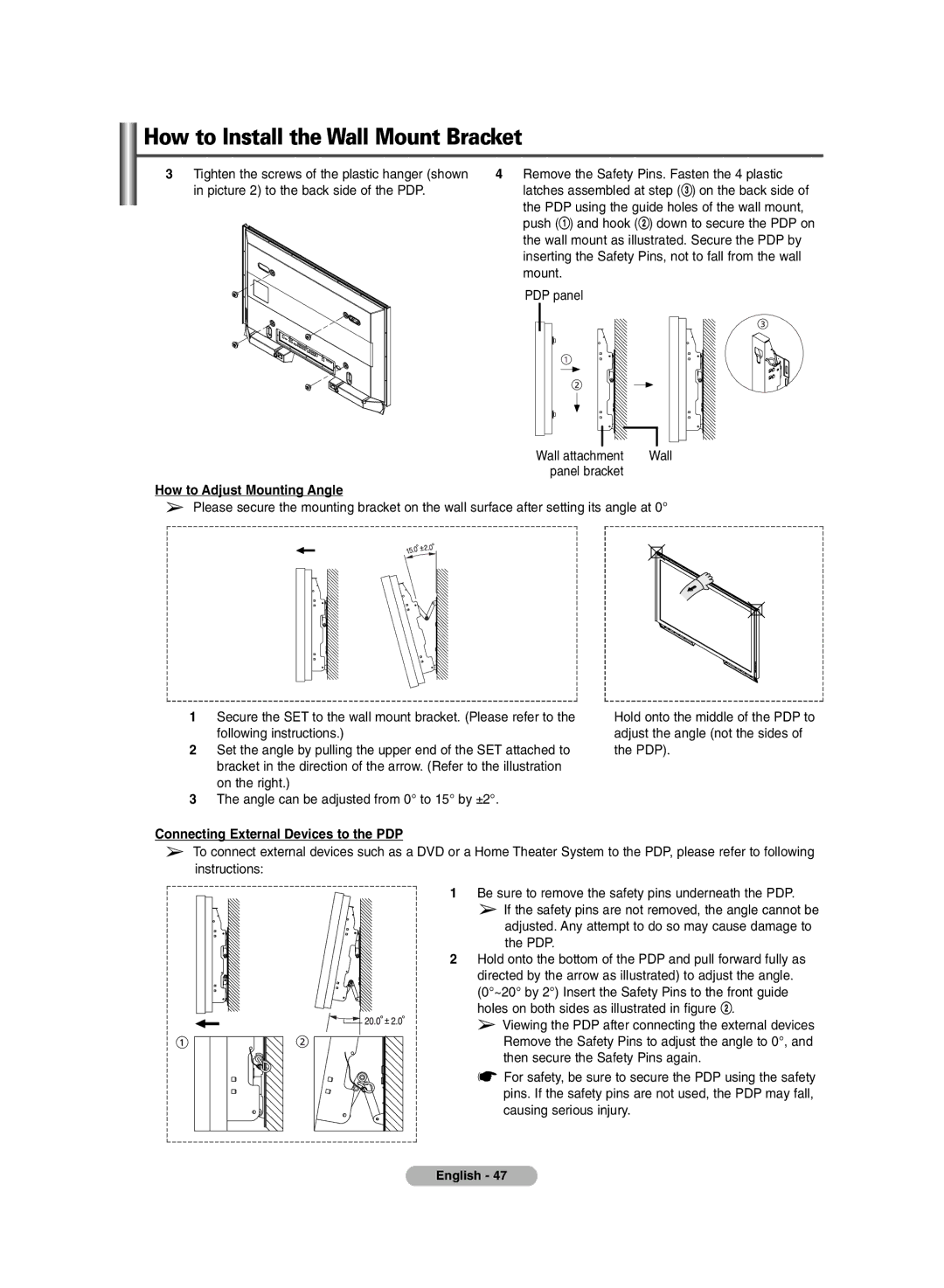 Samsung BN68-00990V-03 manual How to Adjust Mounting Angle, Connecting External Devices to the PDP 