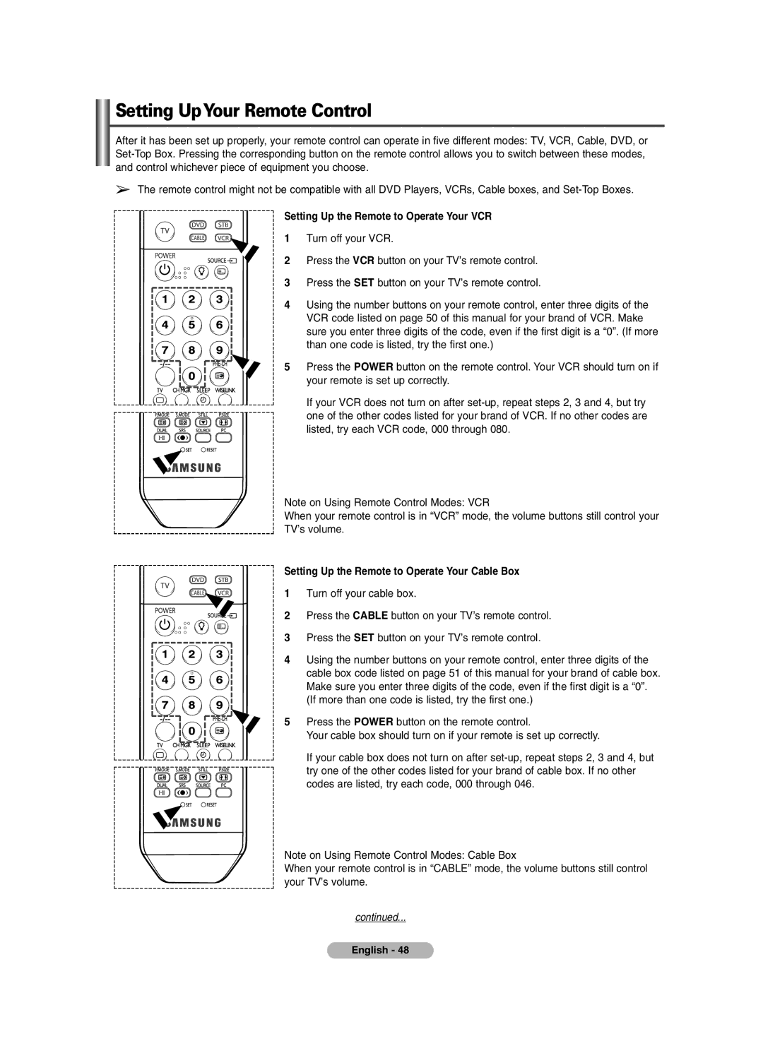 Samsung BN68-00990V-03 manual Setting UpYour Remote Control 