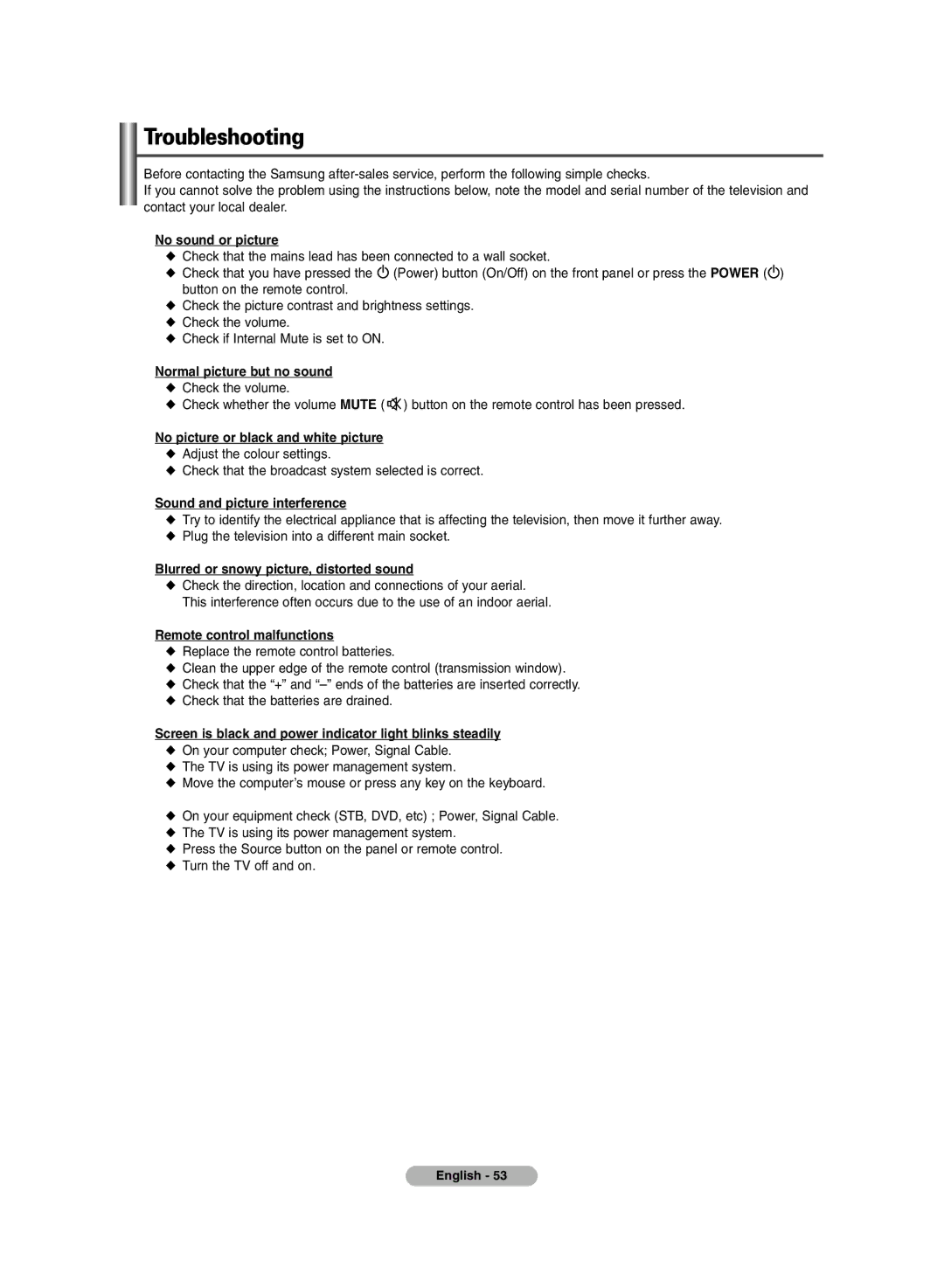 Samsung BN68-00990V-03 manual Troubleshooting 