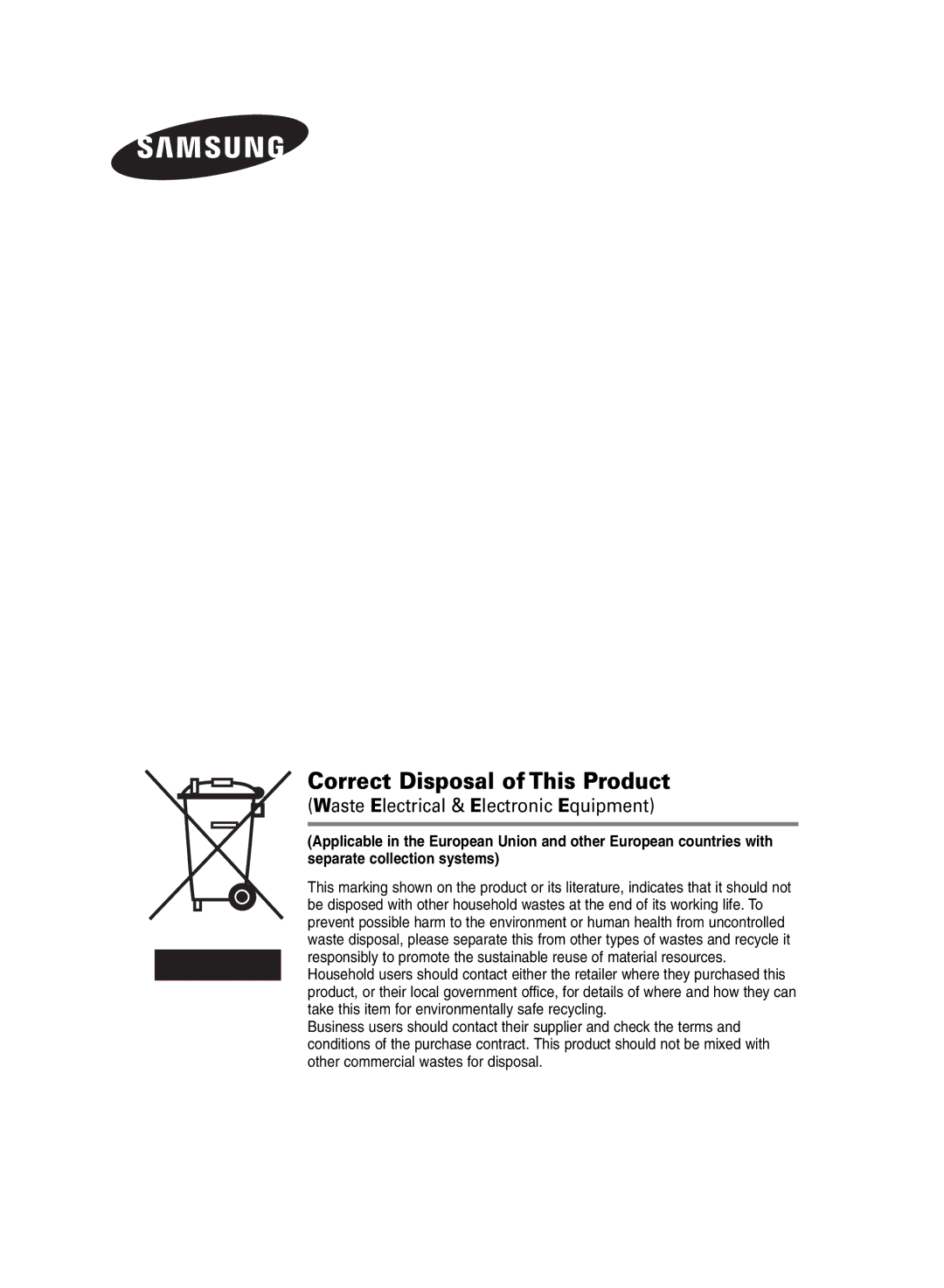 Samsung BN68-00990V-03 manual Correct Disposal of This Product, Waste Electrical & Electronic Equipment 