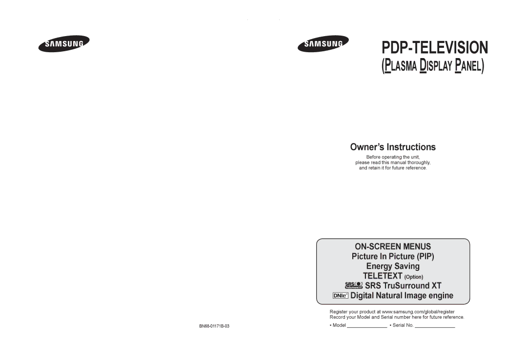 Samsung manual Pdp-Television, BN68-01171B-03 Model Serial No 