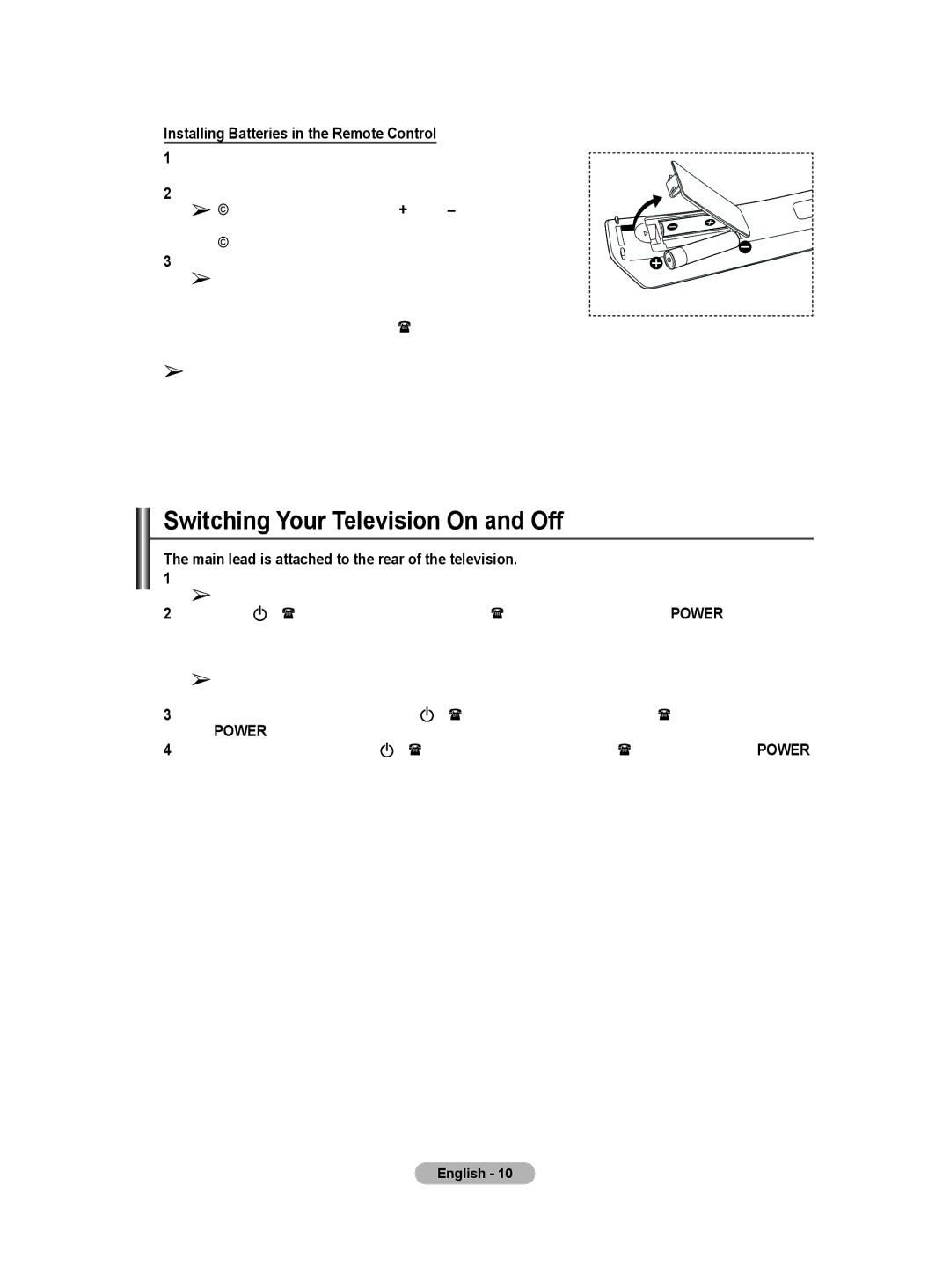 Samsung BN68-01171B-03 manual Switching Your Television On and Off, Installing Batteries in the Remote Control 