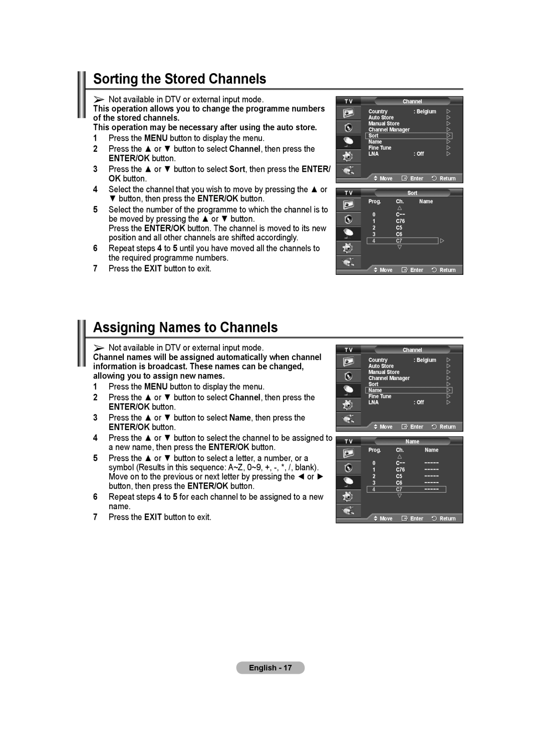 Samsung BN68-01171B-03 manual Sorting the Stored Channels, Assigning Names to Channels 