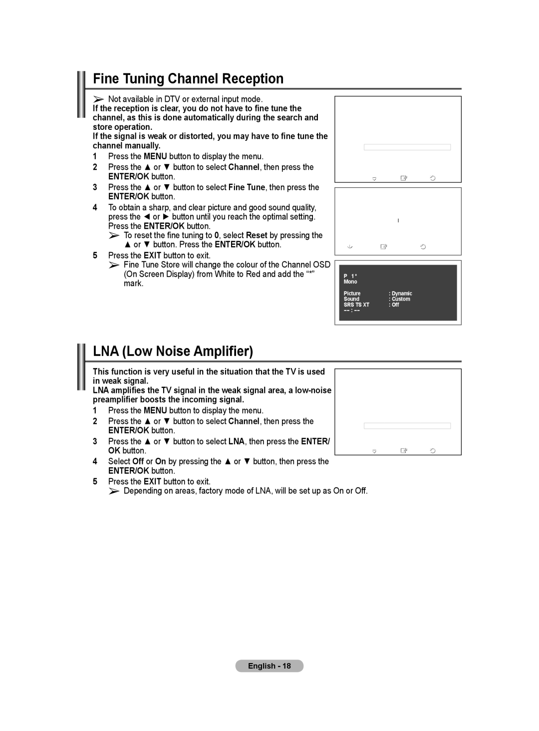 Samsung BN68-01171B-03 manual Fine Tuning Channel Reception, LNA Low Noise Amplifier, Weak signal 