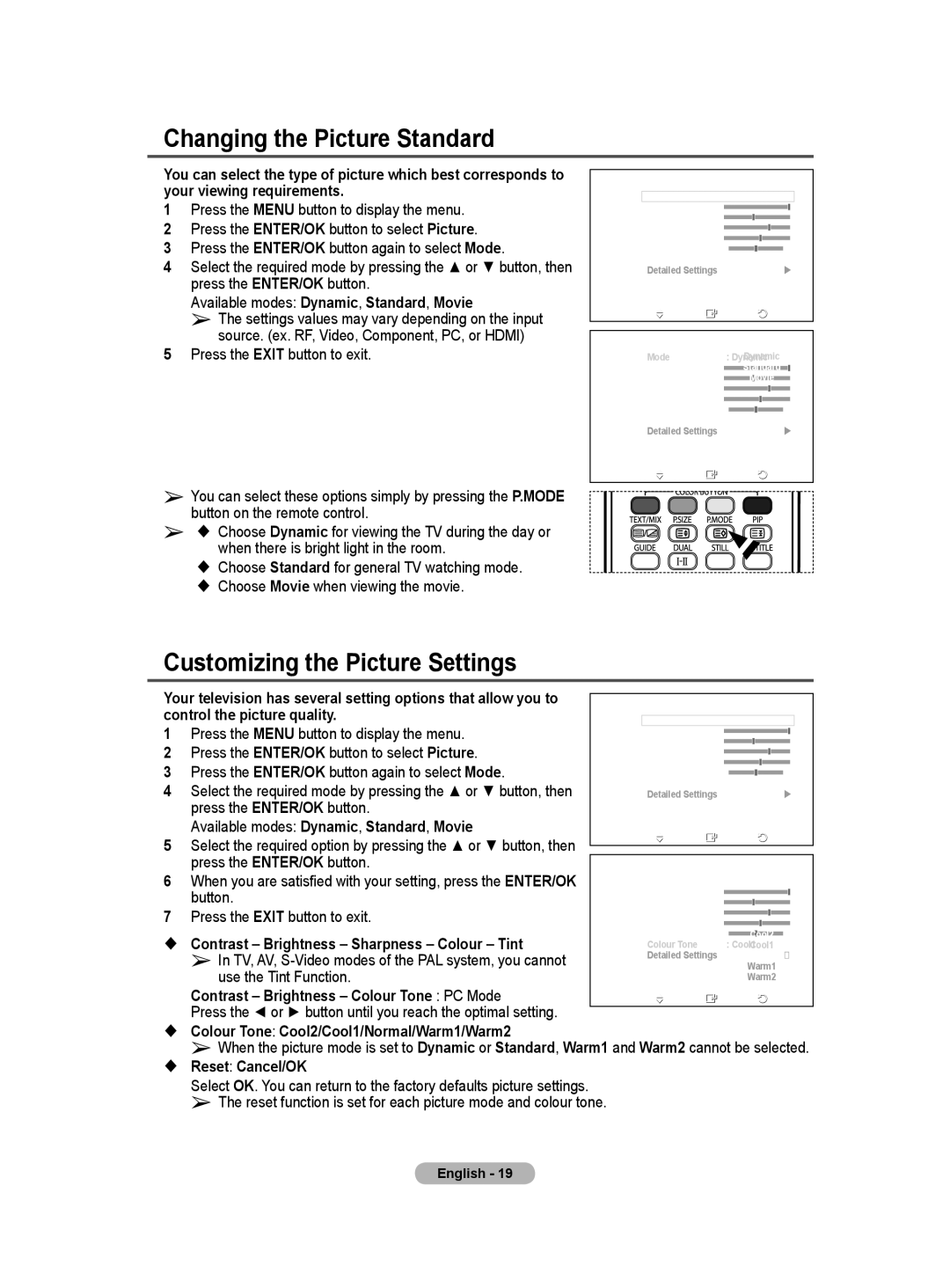 Samsung BN68-01171B-03 manual Changing the Picture Standard, Customizing the Picture Settings 