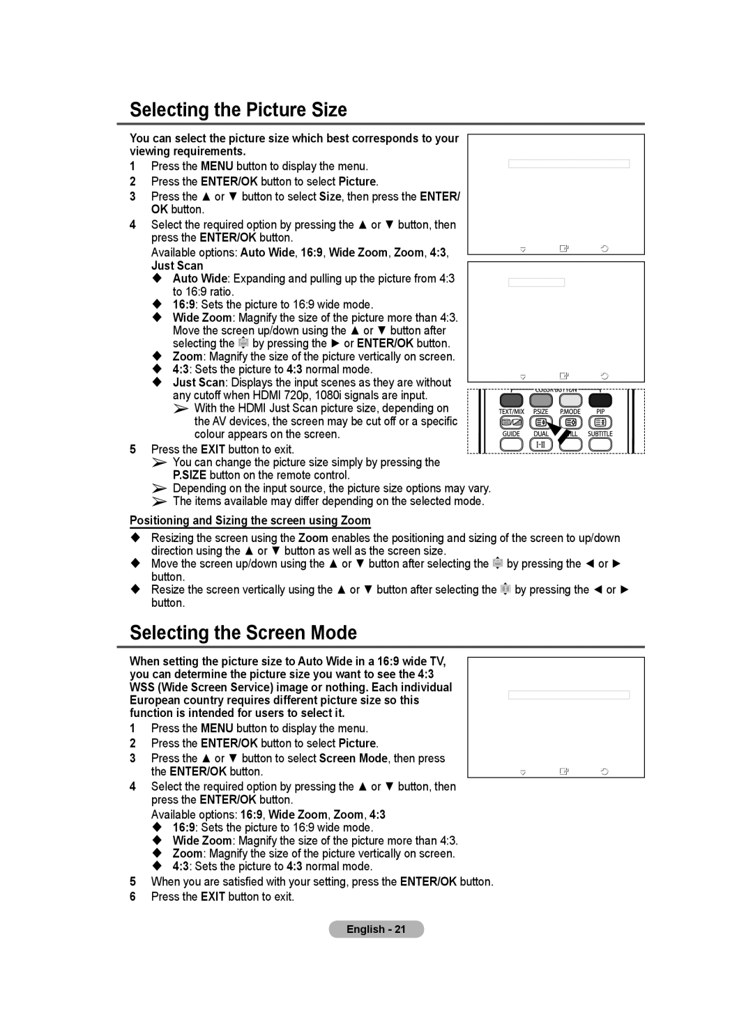 Samsung BN68-01171B-03 manual Selecting the Picture Size, Selecting the Screen Mode 