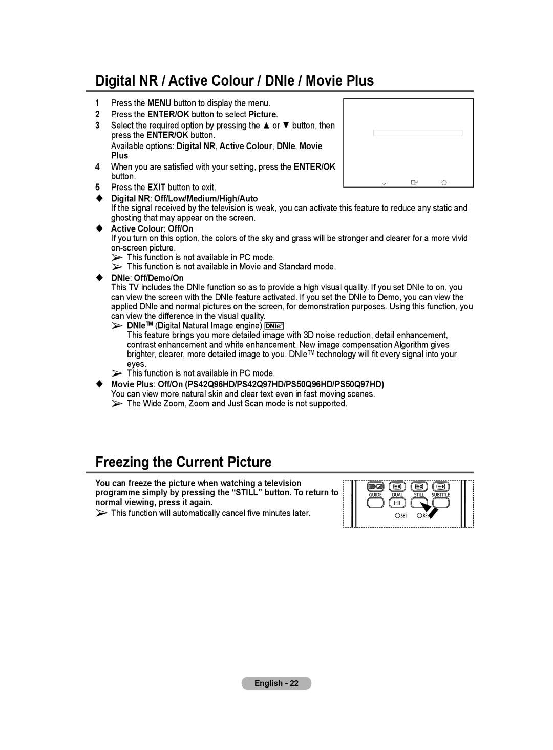 Samsung BN68-01171B-03 Digital NR / Active Colour / DNIe / Movie Plus, Freezing the Current Picture,  DNIe Off/Demo/On 