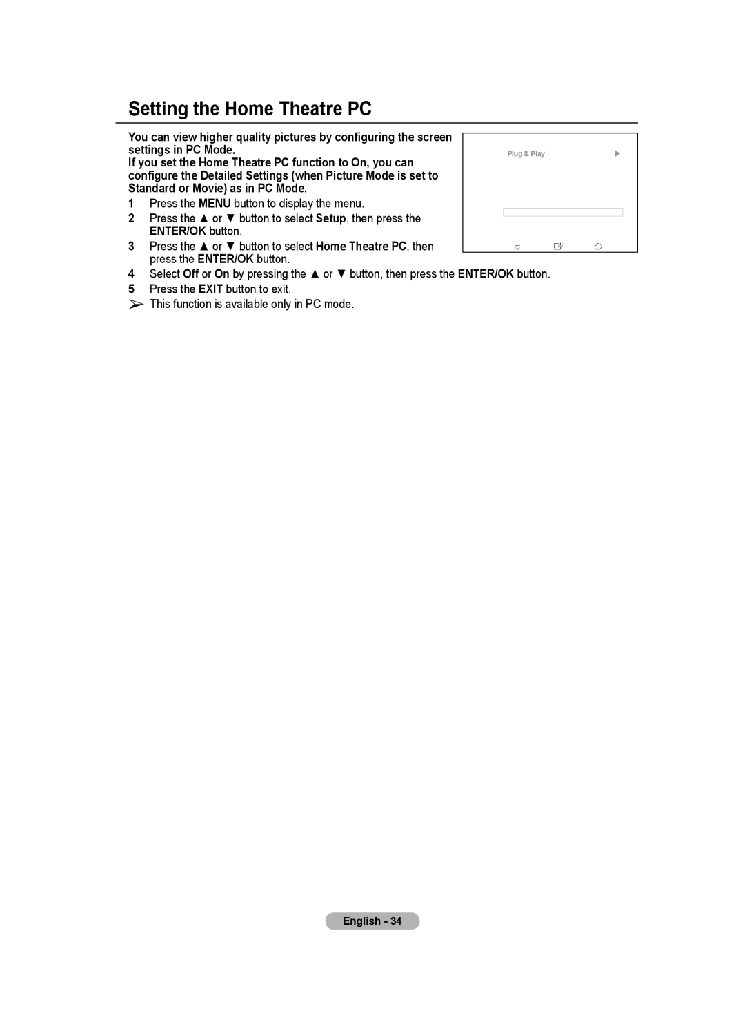 Samsung BN68-01171B-03 manual Setting the Home Theatre PC, Settings in PC Mode, Standard or Movie as in PC Mode 