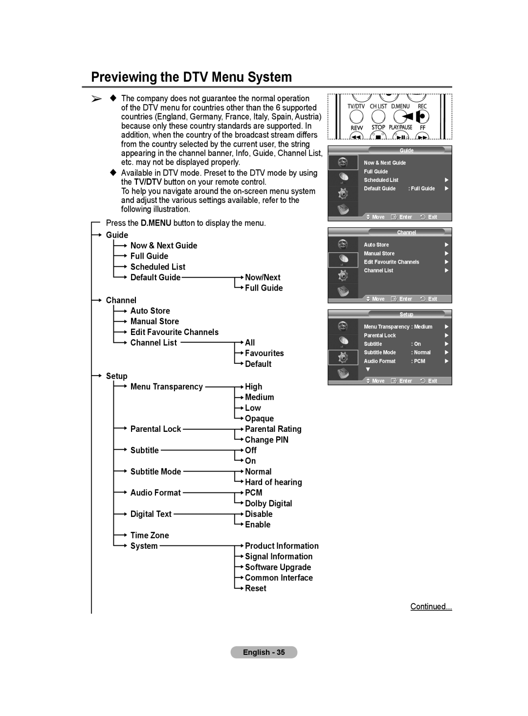 Samsung BN68-01171B-03 manual Previewing the DTV Menu System 