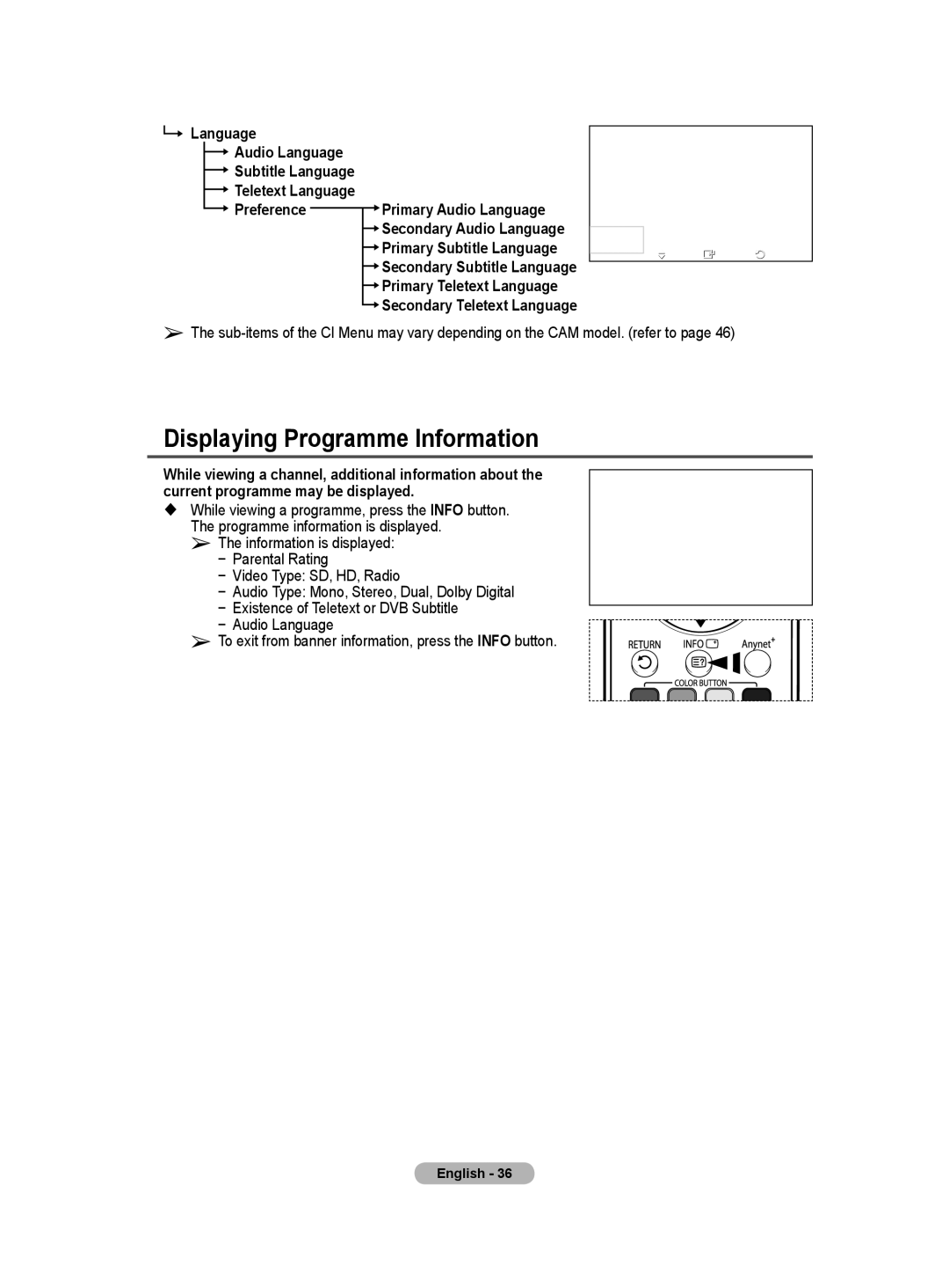 Samsung BN68-01171B-03 manual Displaying Programme Information, Language 