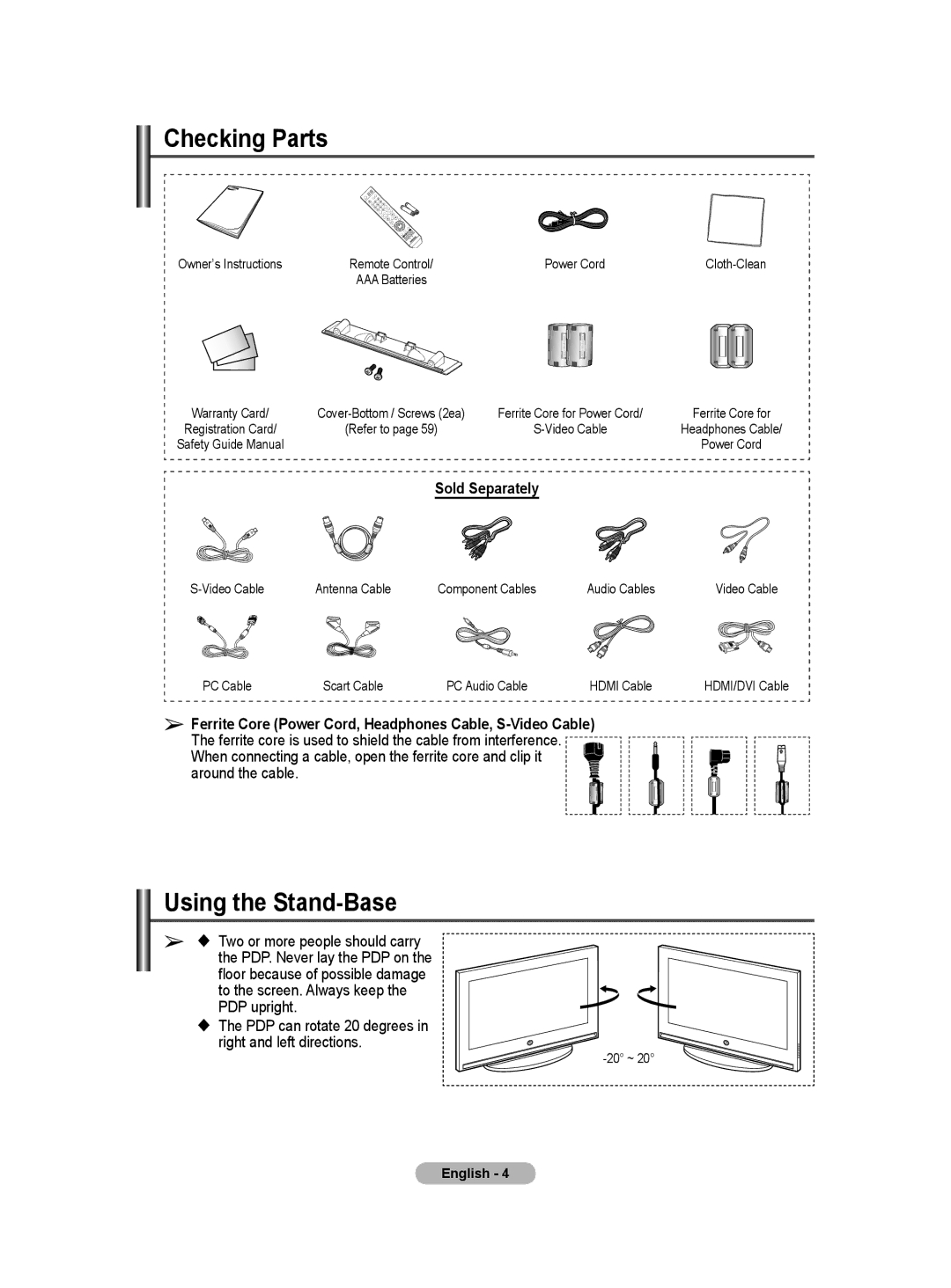 Samsung BN68-01171B-03 manual Checking Parts, Using the Stand-Base, Sold Separately 