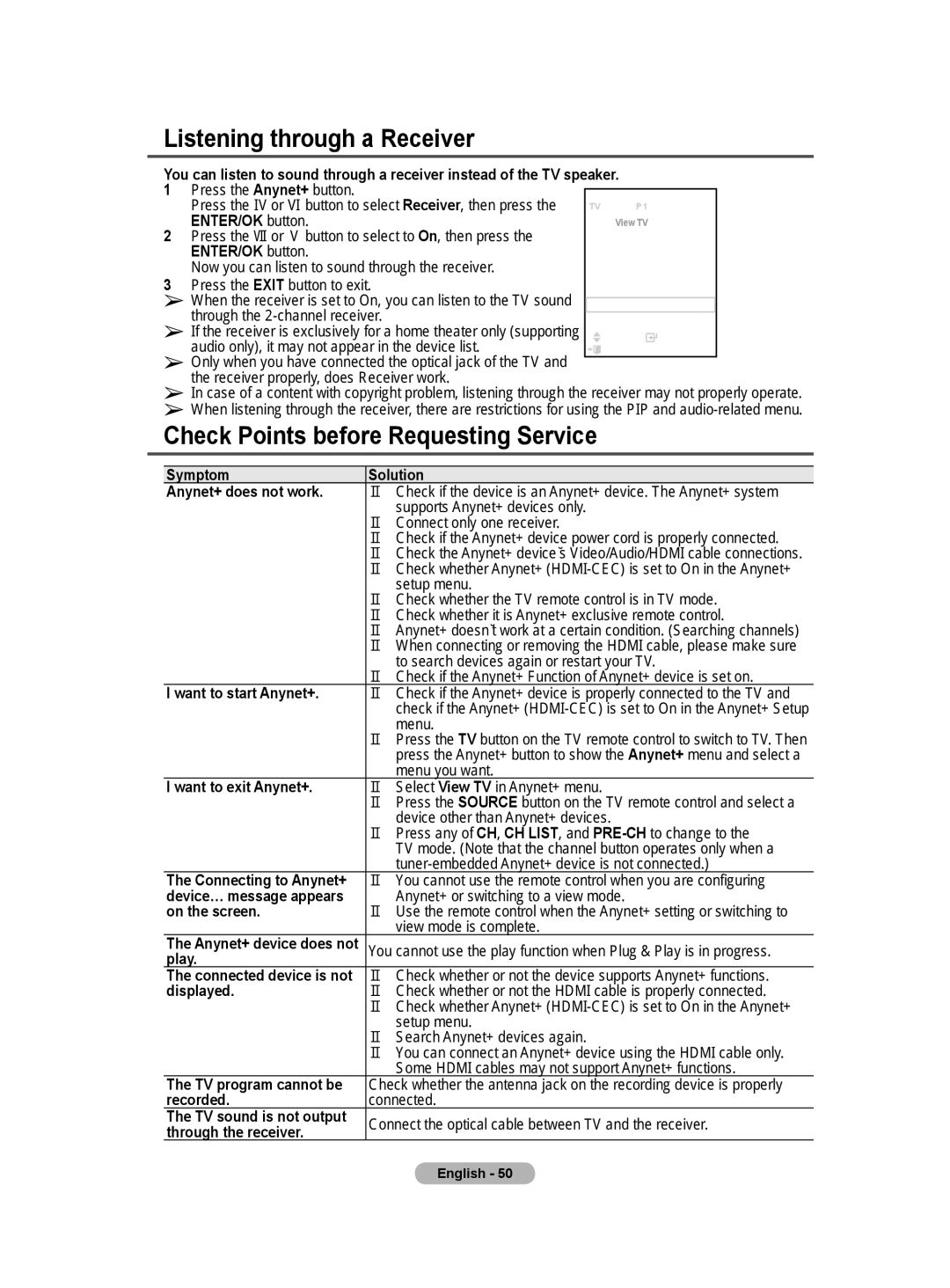 Samsung BN68-01171B-03 manual Listening through a Receiver 