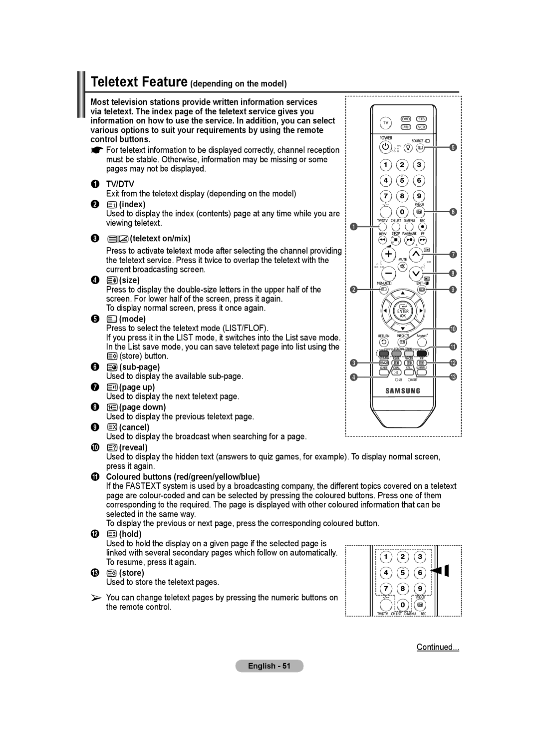 Samsung BN68-01171B-03 Teletext Feature depending on the model, Exit from the teletext display depending on the model 