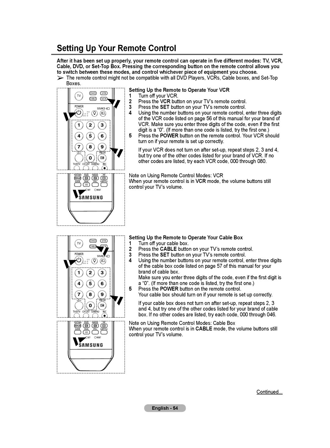 Samsung BN68-01171B-03 manual Setting Up Your Remote Control, Setting Up the Remote to Operate Your VCR 