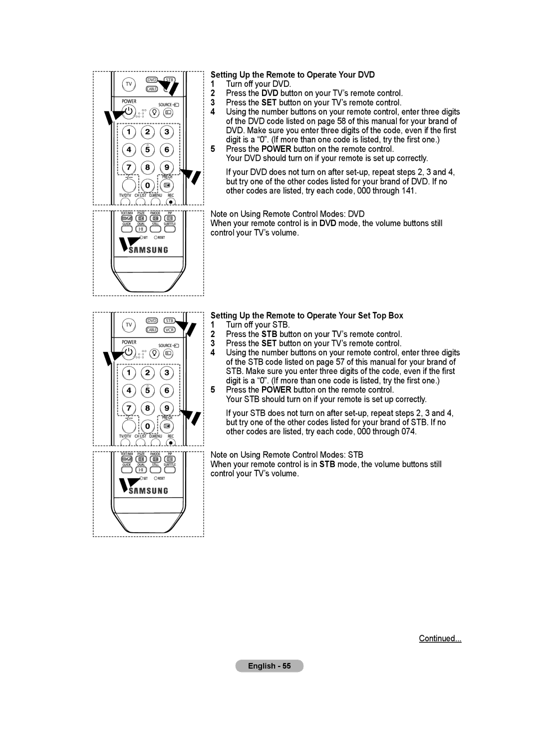 Samsung BN68-01171B-03 manual Setting Up the Remote to Operate Your DVD, Setting Up the Remote to Operate Your Set Top Box 