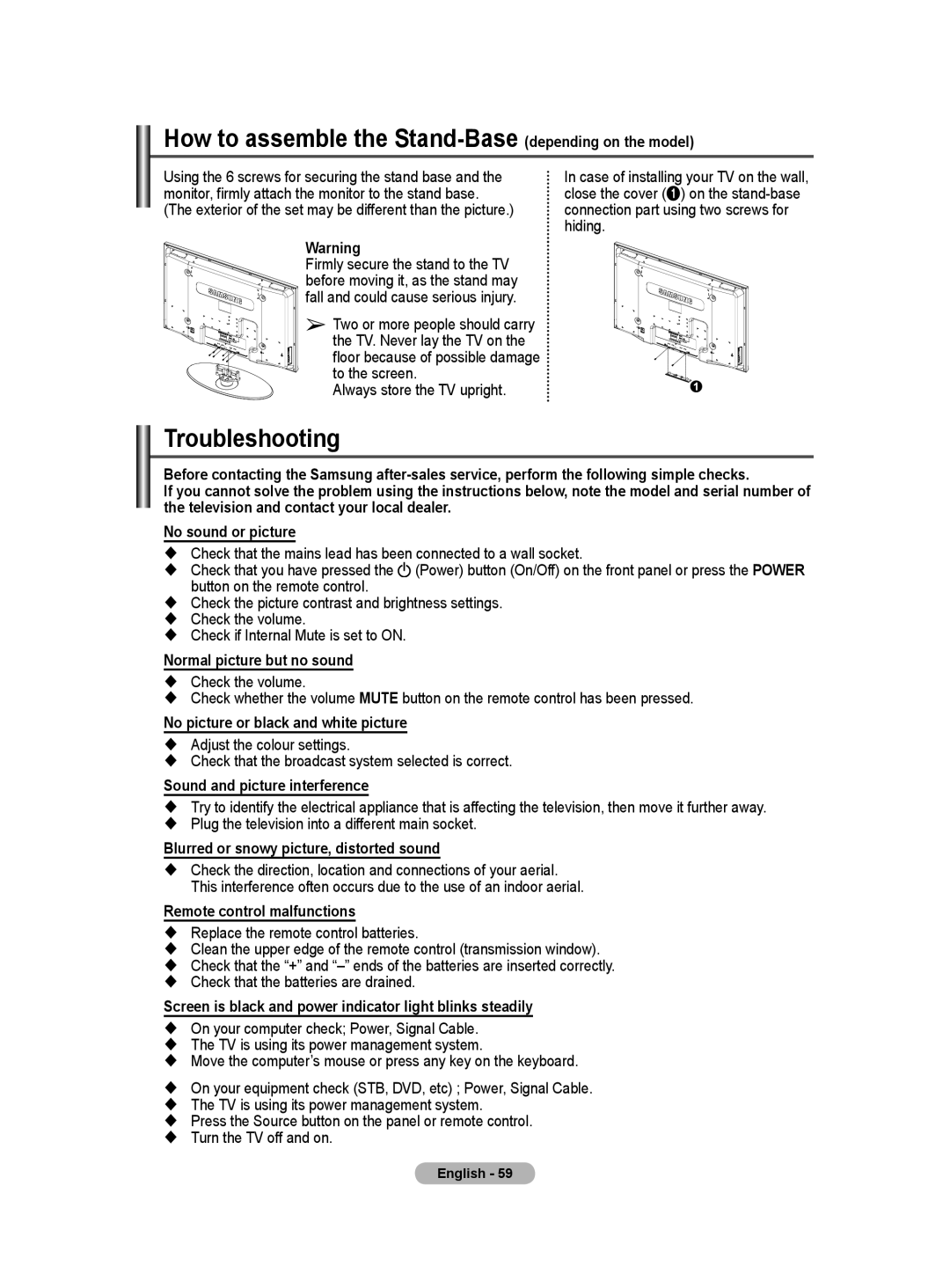 Samsung BN68-01171B-03 manual How to assemble the Stand-Base depending on the model, Troubleshooting 